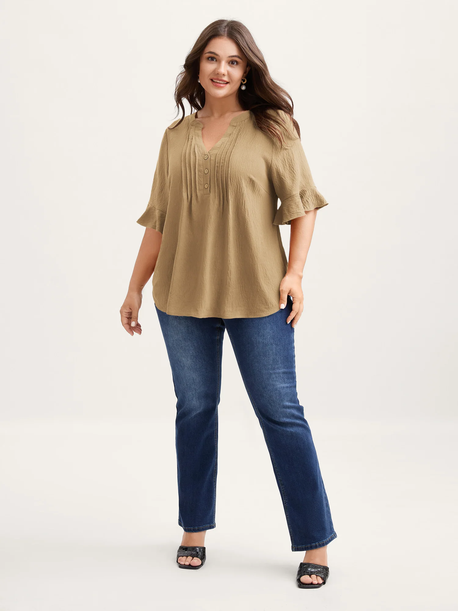 Toothpick Pleats Ruffled Sleeve Solid Blouse - Image 31