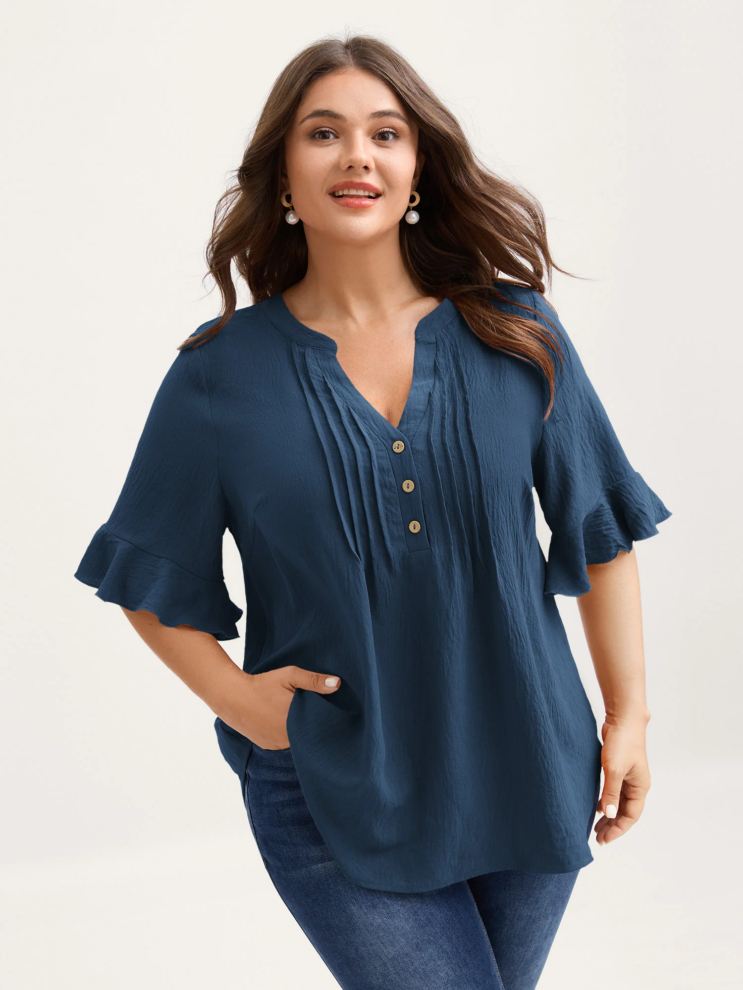 Toothpick Pleats Ruffled Sleeve Solid Blouse - Image 33