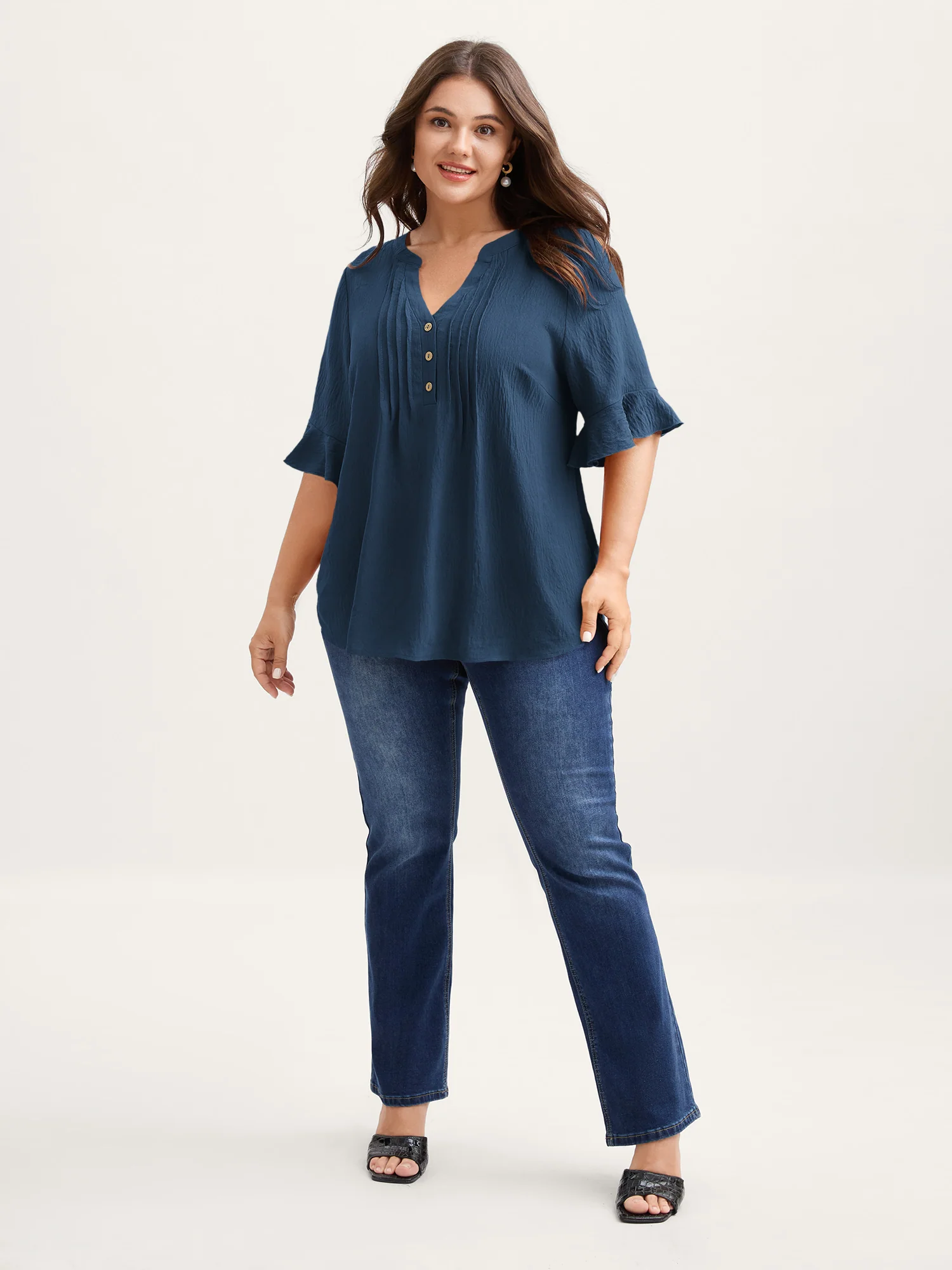 Toothpick Pleats Ruffled Sleeve Solid Blouse - Image 35