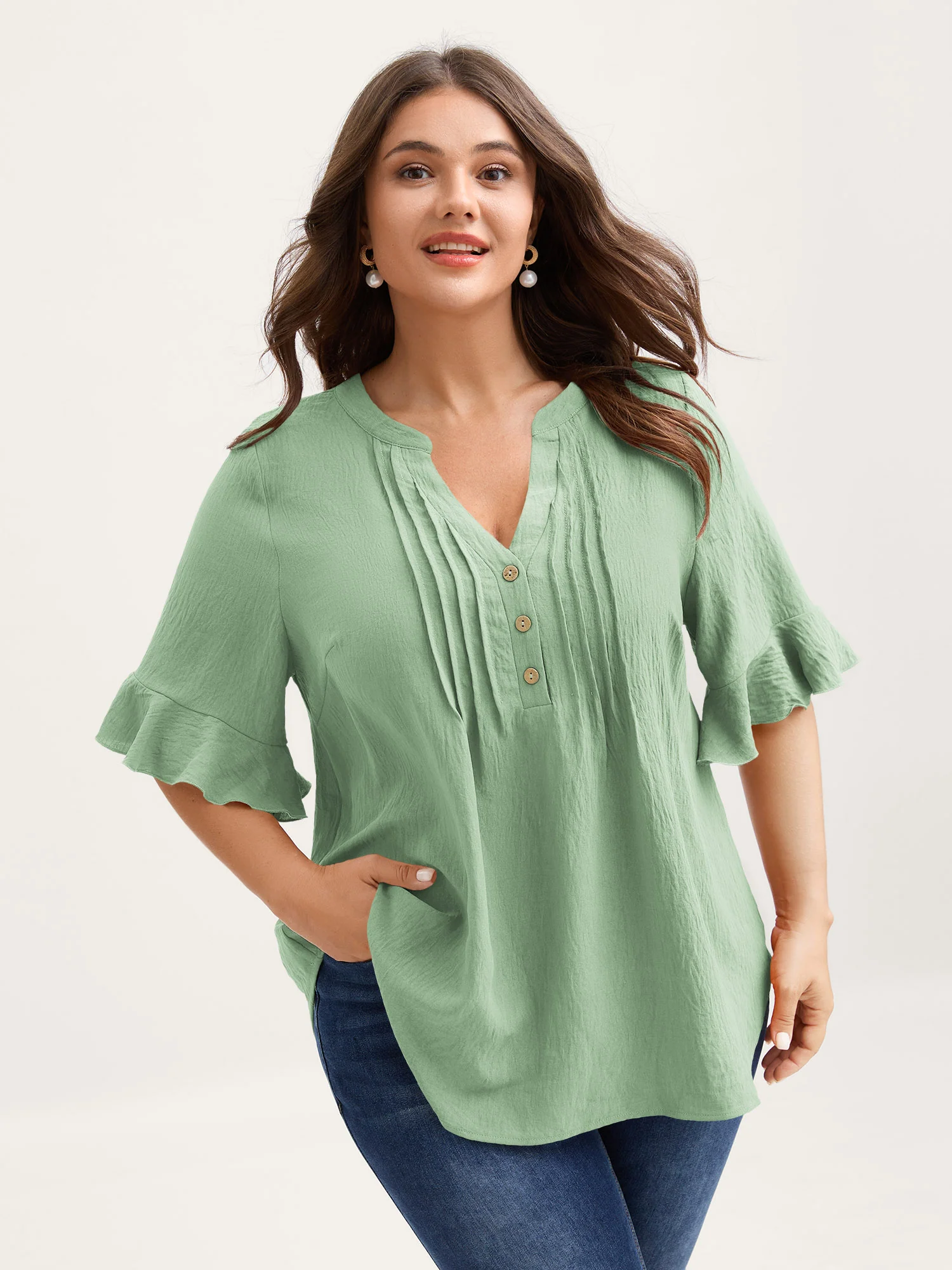 Toothpick Pleats Ruffled Sleeve Solid Blouse - Image 37