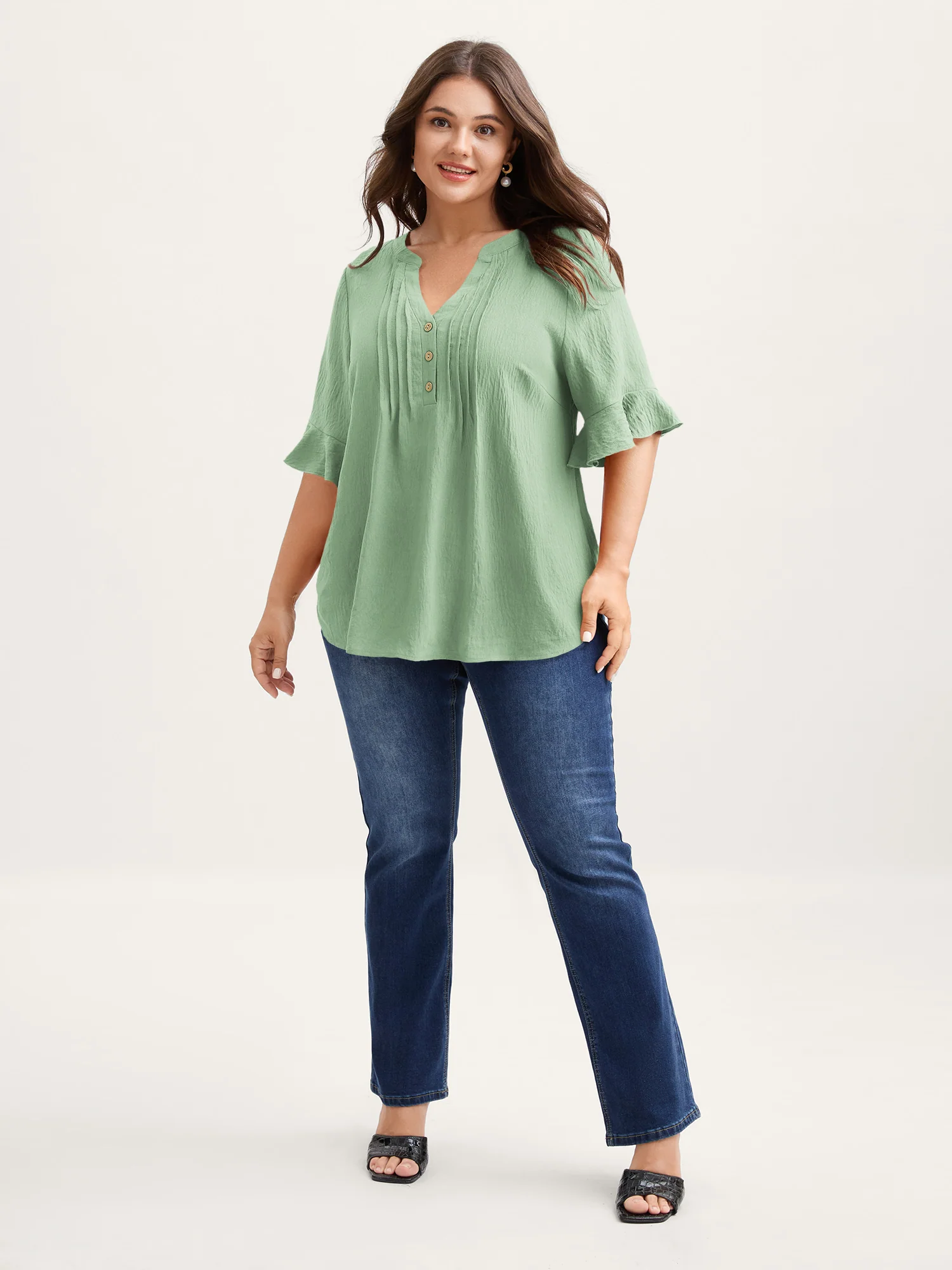 Toothpick Pleats Ruffled Sleeve Solid Blouse - Image 39