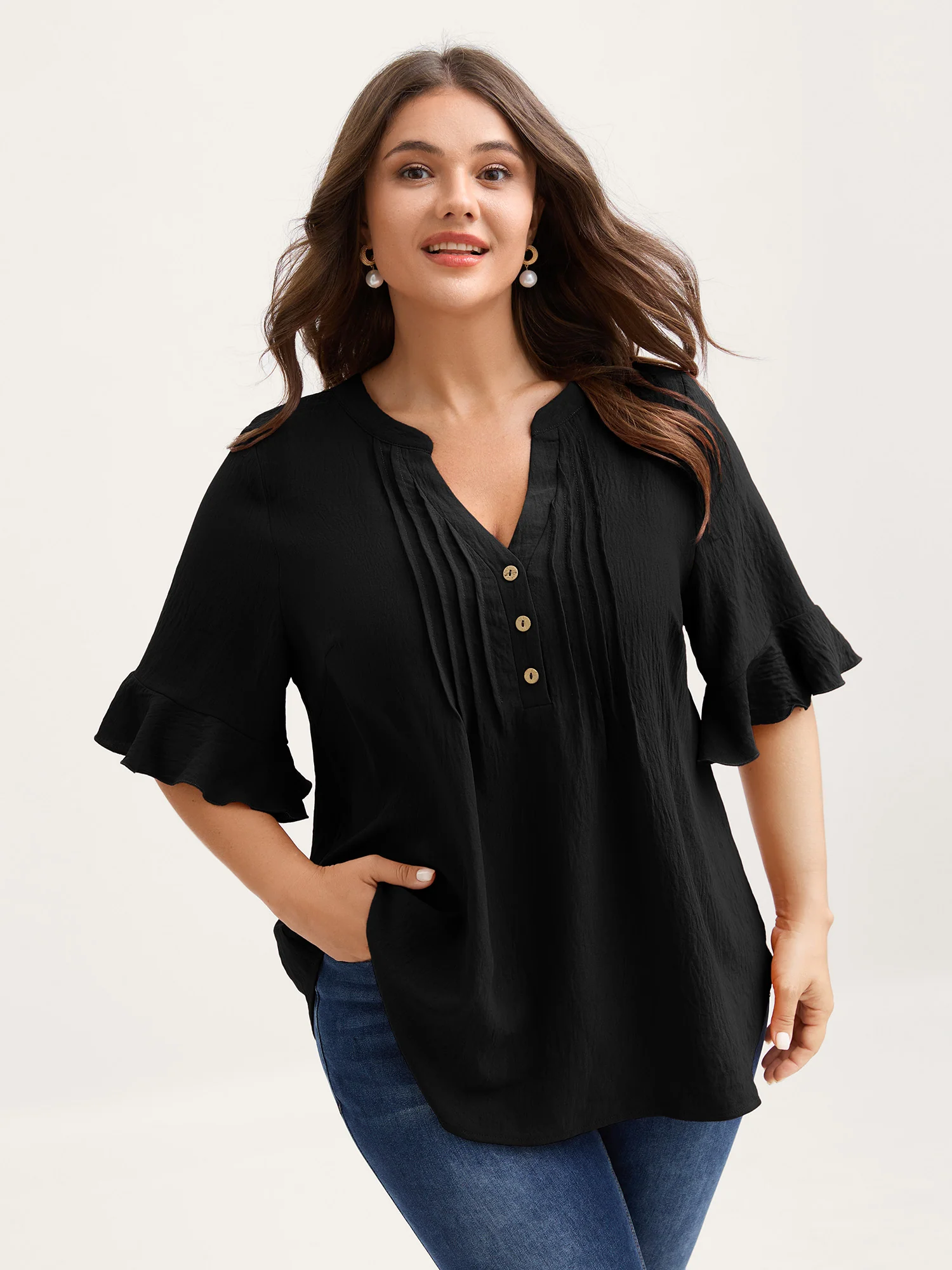 Toothpick Pleats Ruffled Sleeve Solid Blouse - Image 5