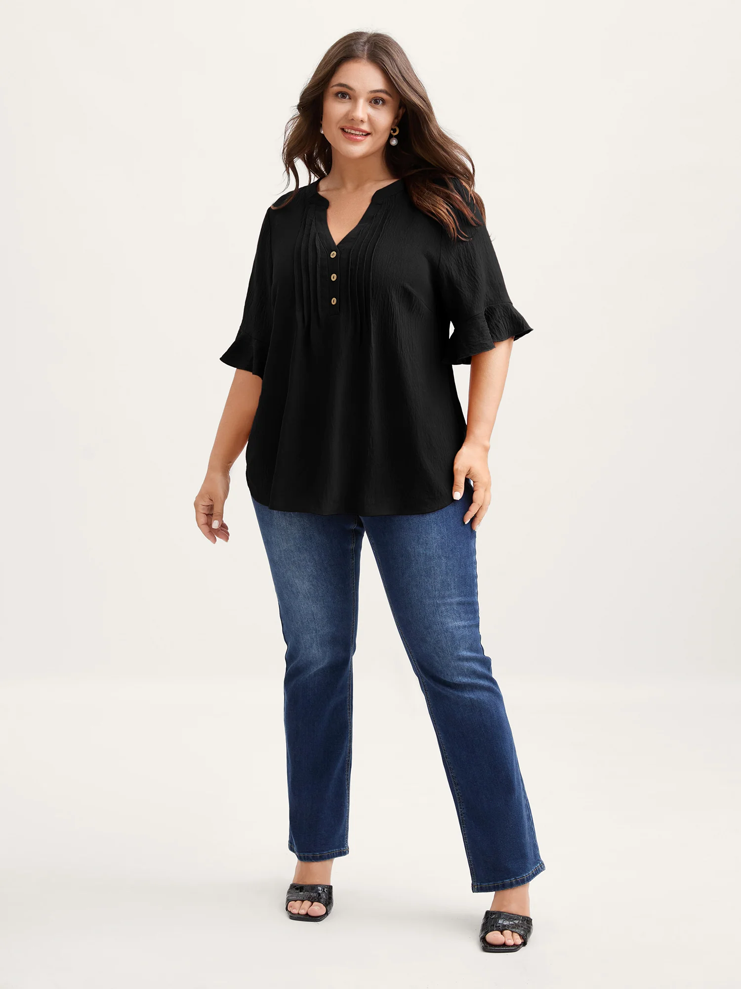 Toothpick Pleats Ruffled Sleeve Solid Blouse - Image 7