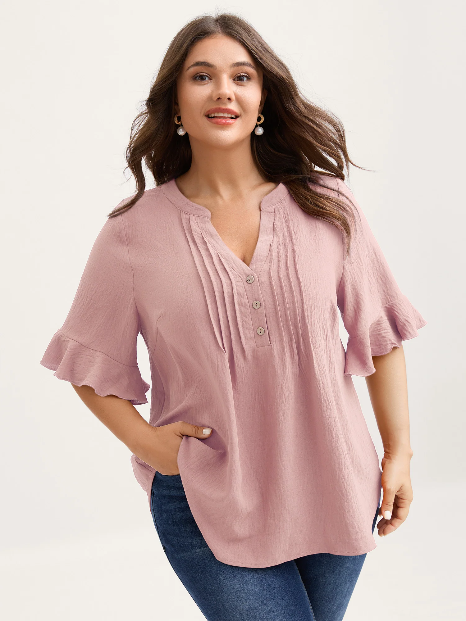 Toothpick Pleats Ruffled Sleeve Solid Blouse - Image 9