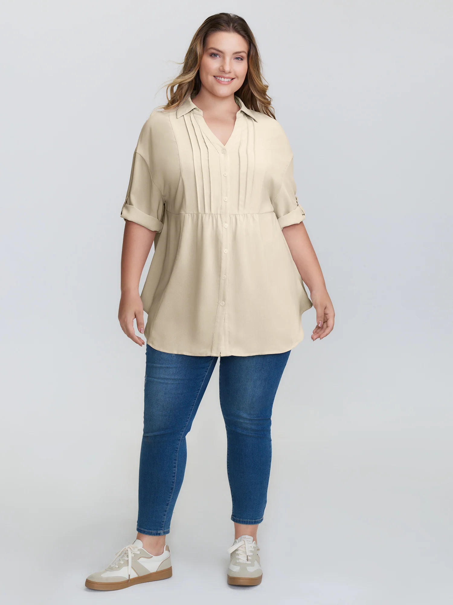 Toothpick Pleats Tab Sleeve Long Blouse - Image 3
