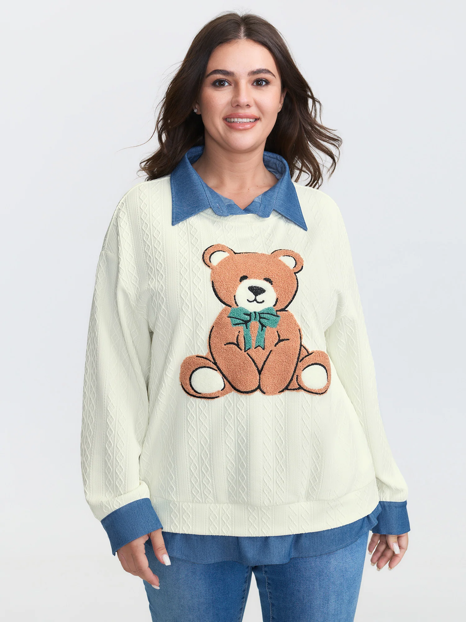 Towel Texture Teddy Embroidery Patchwork Sweatshirt - Image 3