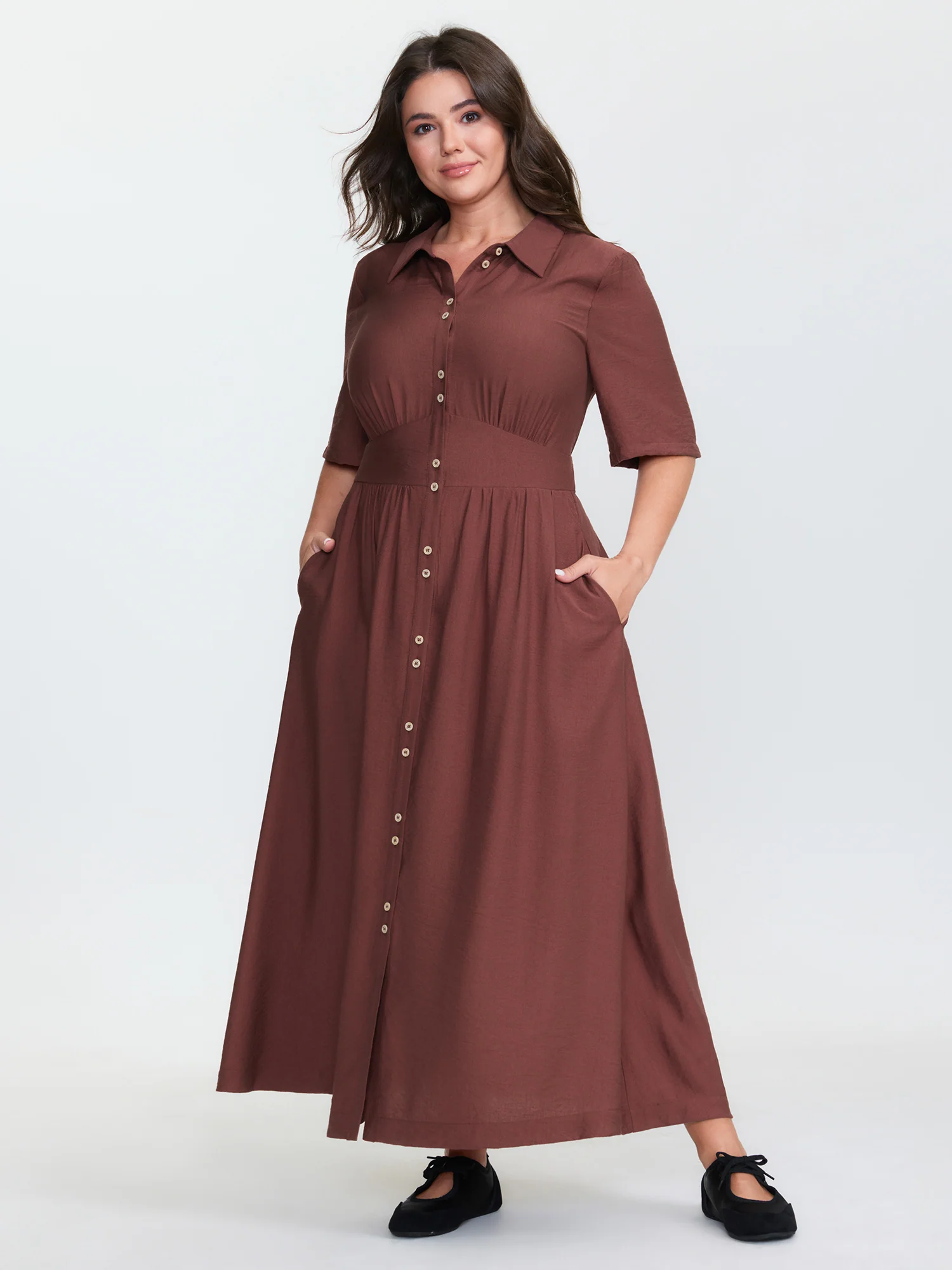 Triangular Waist Button Detail Shirred Maxi Dress