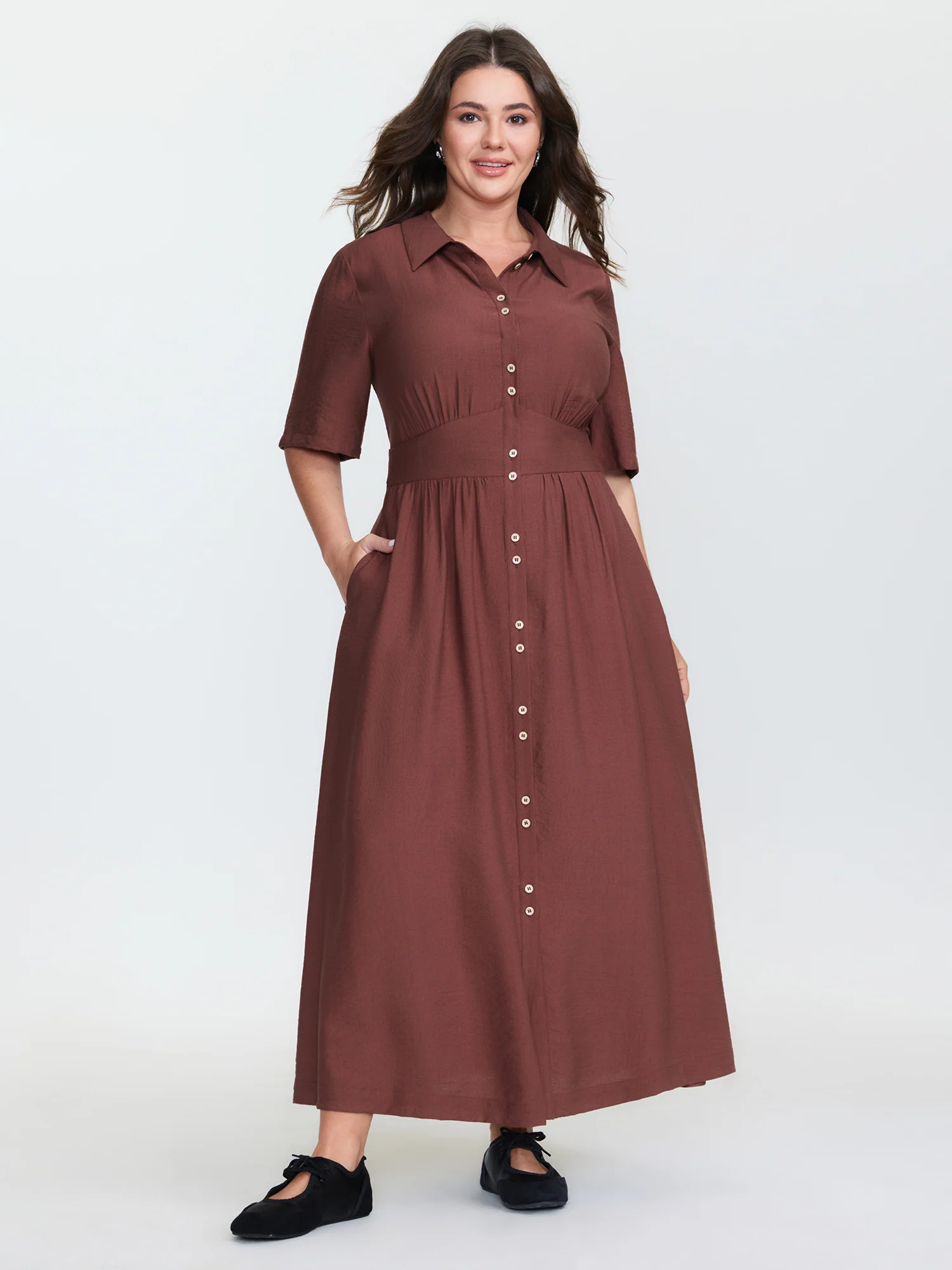 Triangular Waist Button Detail Shirred Maxi Dress - Image 2