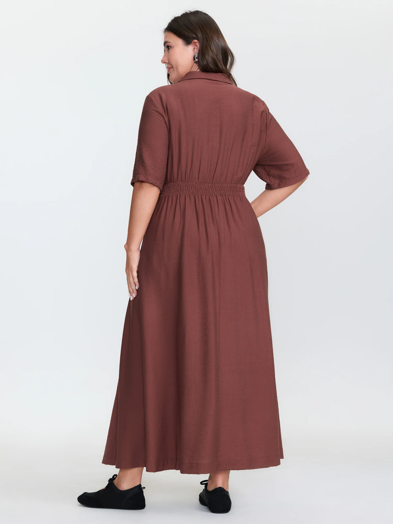 Triangular Waist Button Detail Shirred Maxi Dress - Image 4