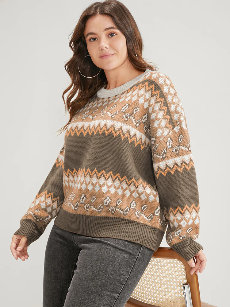 Bandana Pointelle Knit Contrast Geometric Jacquard Knit Top - Image 2