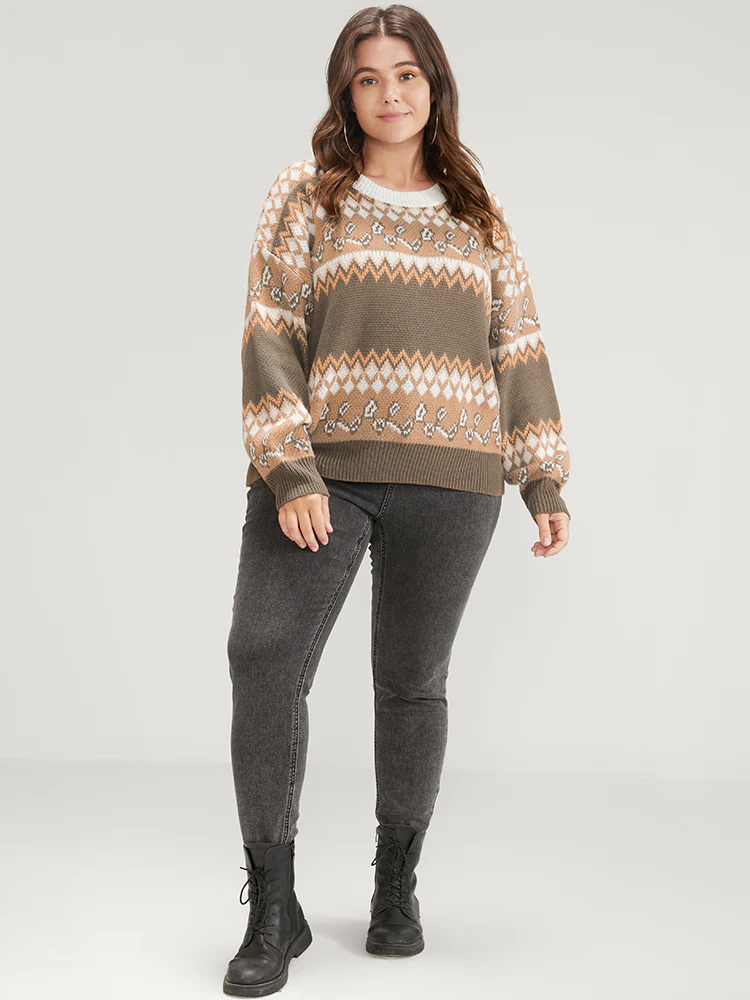 Bandana Pointelle Knit Contrast Geometric Jacquard Knit Top - Image 3