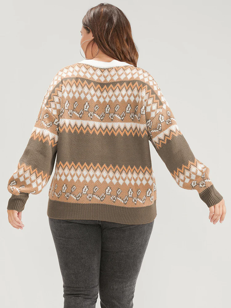 Bandana Pointelle Knit Contrast Geometric Jacquard Knit Top - Image 4