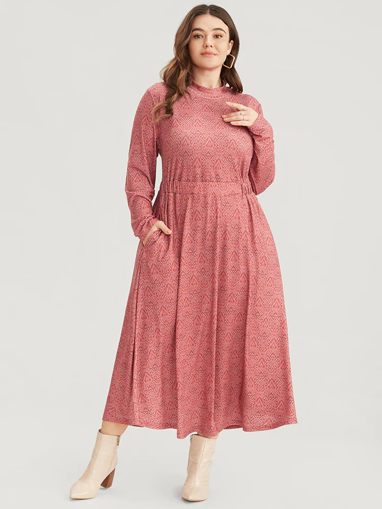Bandana Print Mock Neck Pocket Ruffle Hem Dress - Image 2