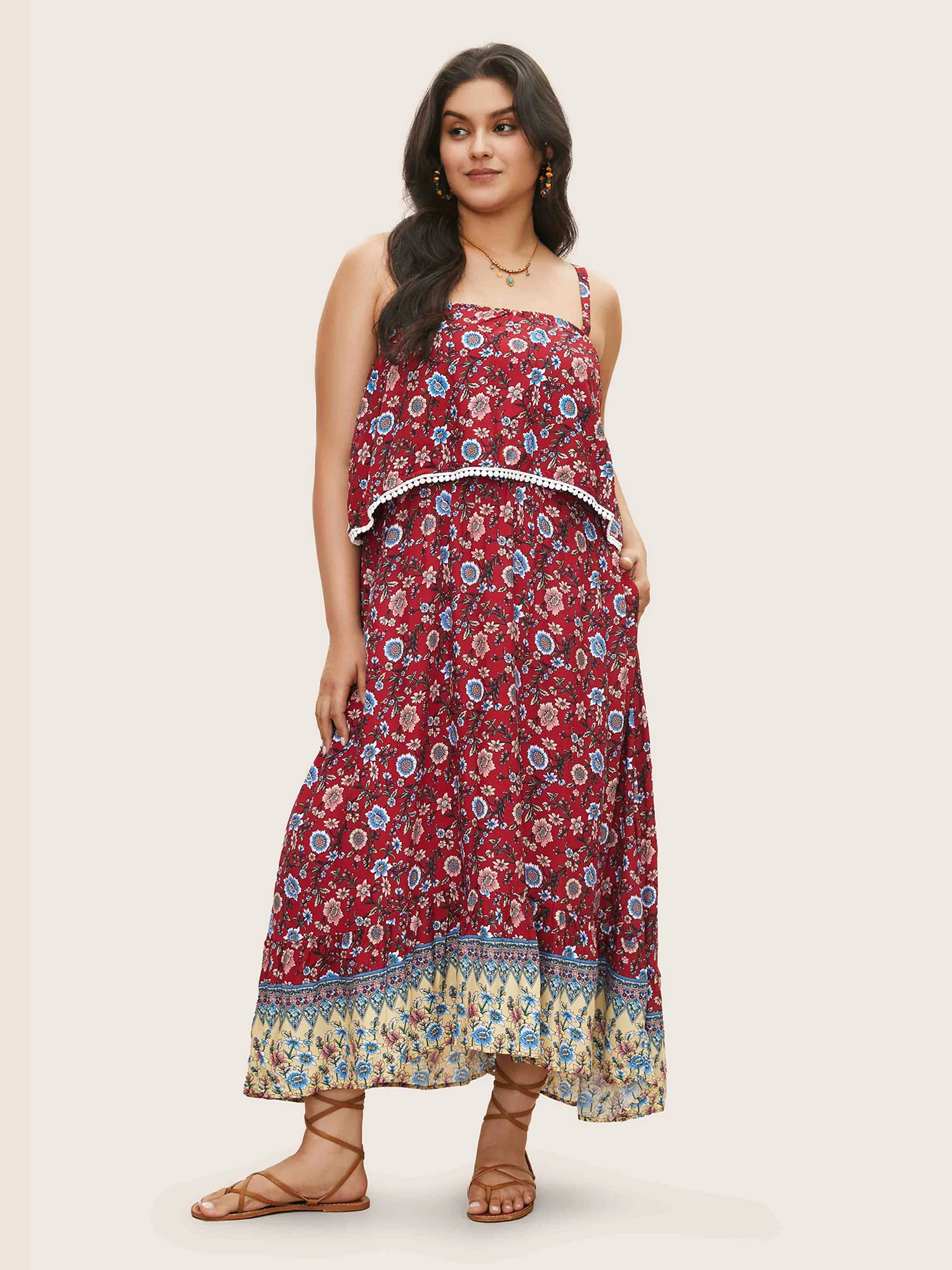 Bandana Print Spaghetti Strap Pocket Ruffles Asymmetrical Hem Maxi Dress - Image 3