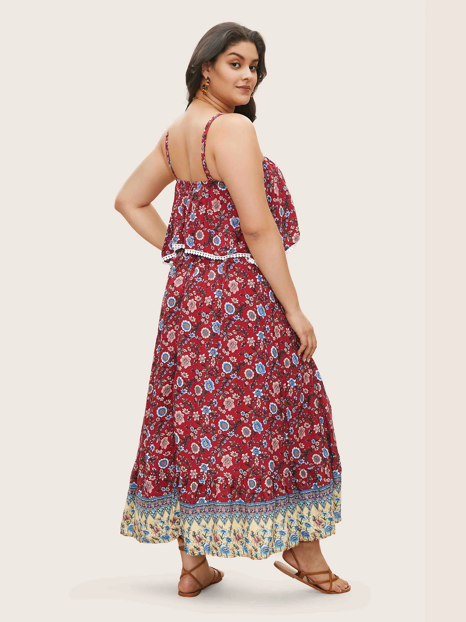 Bandana Print Spaghetti Strap Pocket Ruffles Asymmetrical Hem Maxi Dress - Image 4
