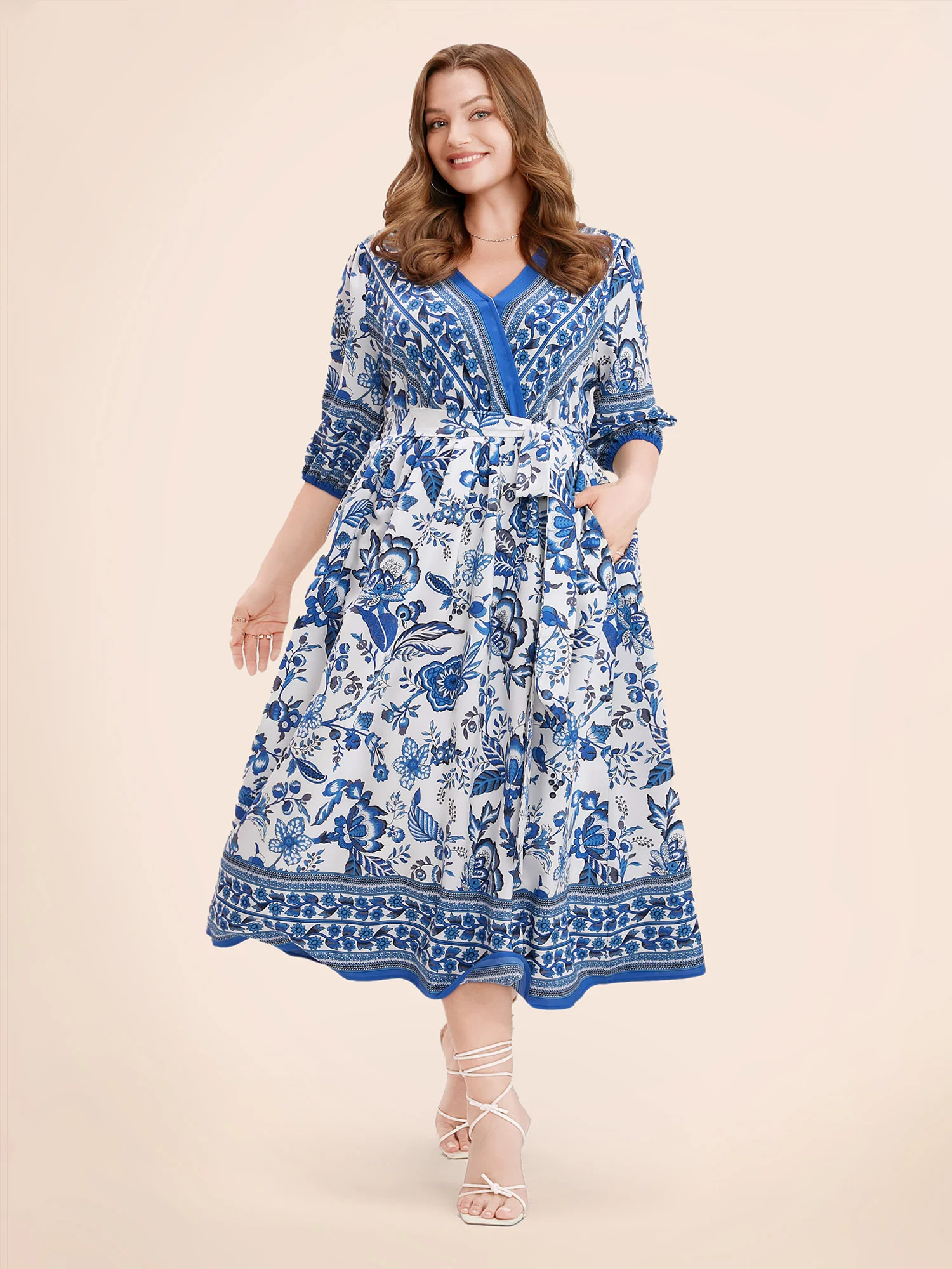 Bandana Print Surplice Neck Lantern Sleeve Pocket Belted Midi Dress - Image 3