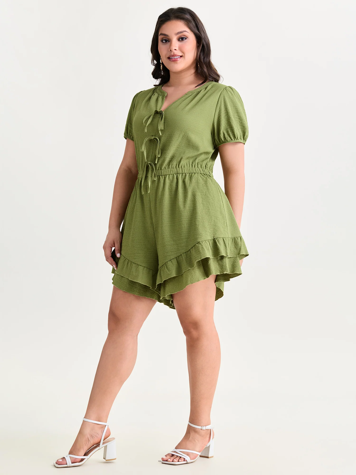 Triple Front Tie Ruffled Hem Romper
