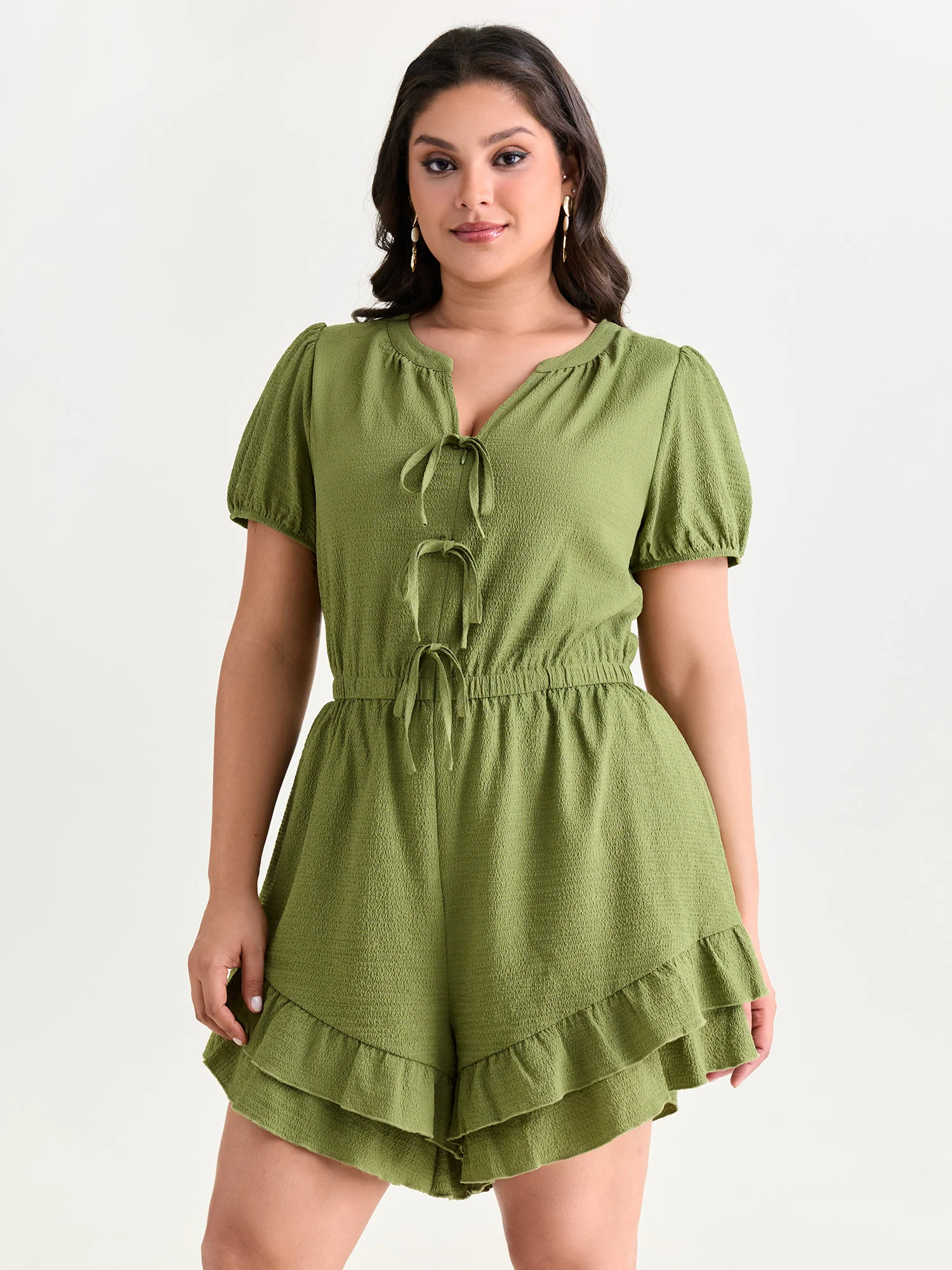 Triple Front Tie Ruffled Hem Romper - Image 2