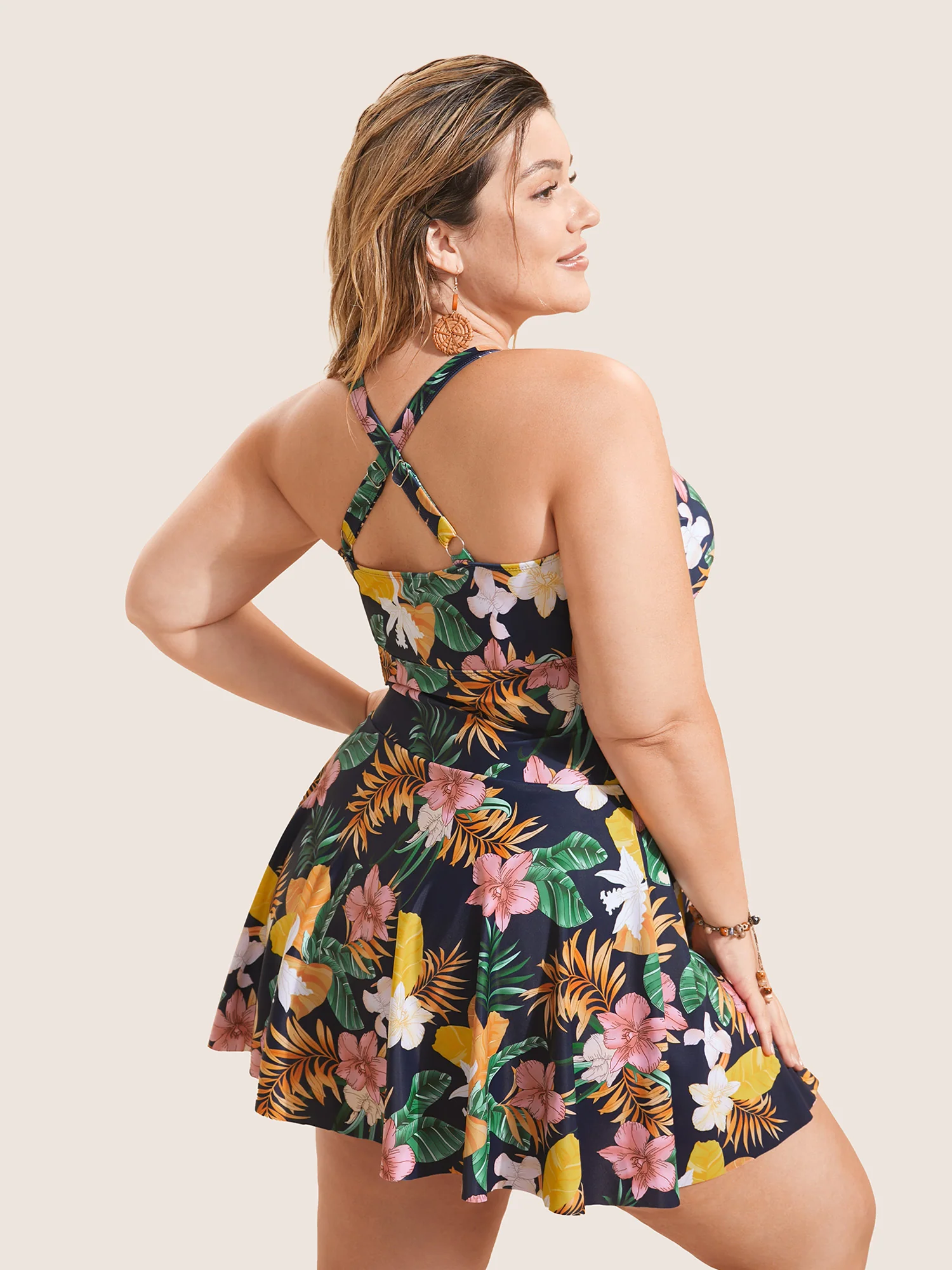Tropical Adjustable Straps Ruched Swim Dress - Image 2