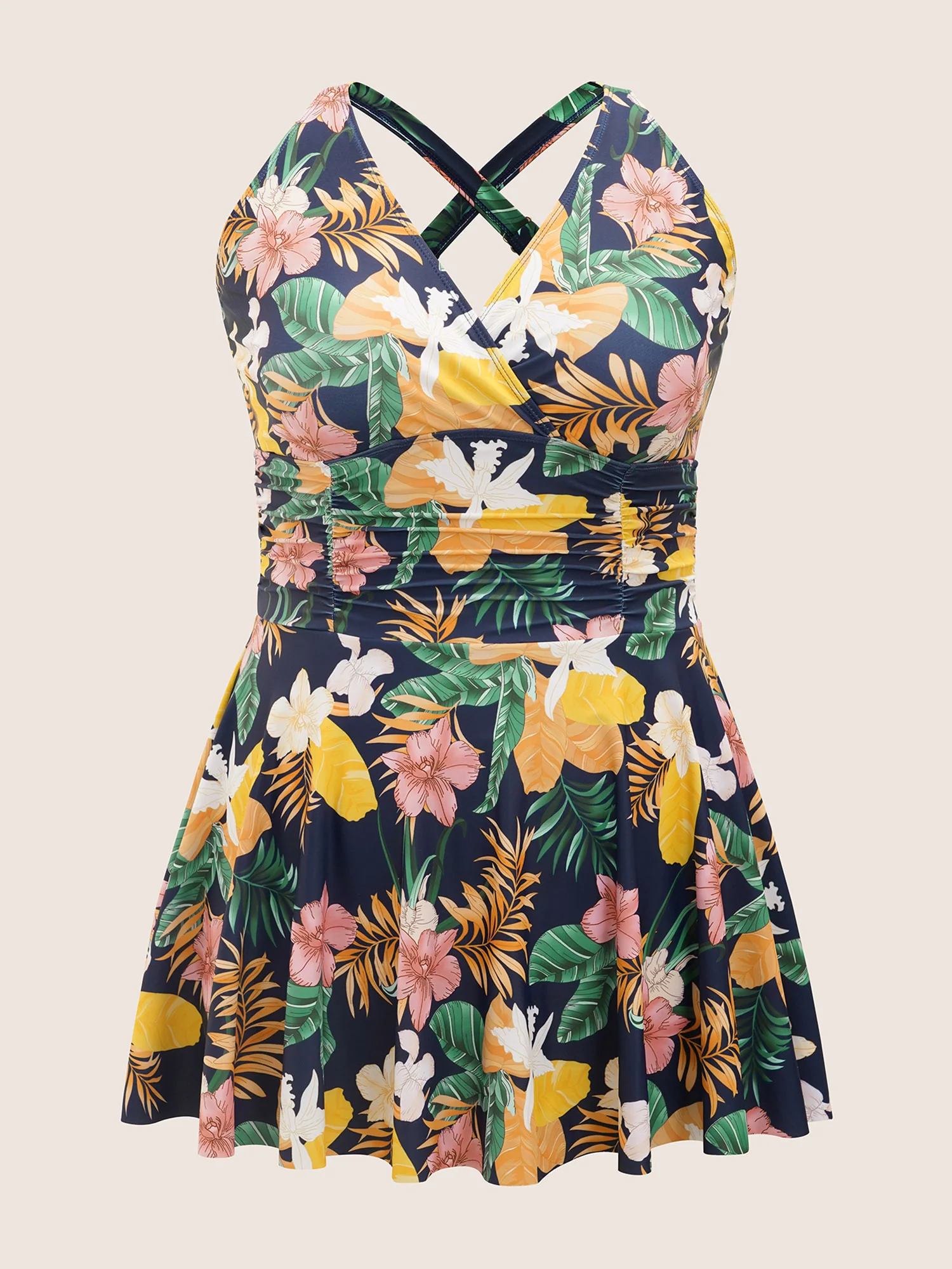Tropical Adjustable Straps Ruched Swim Dress - Image 8