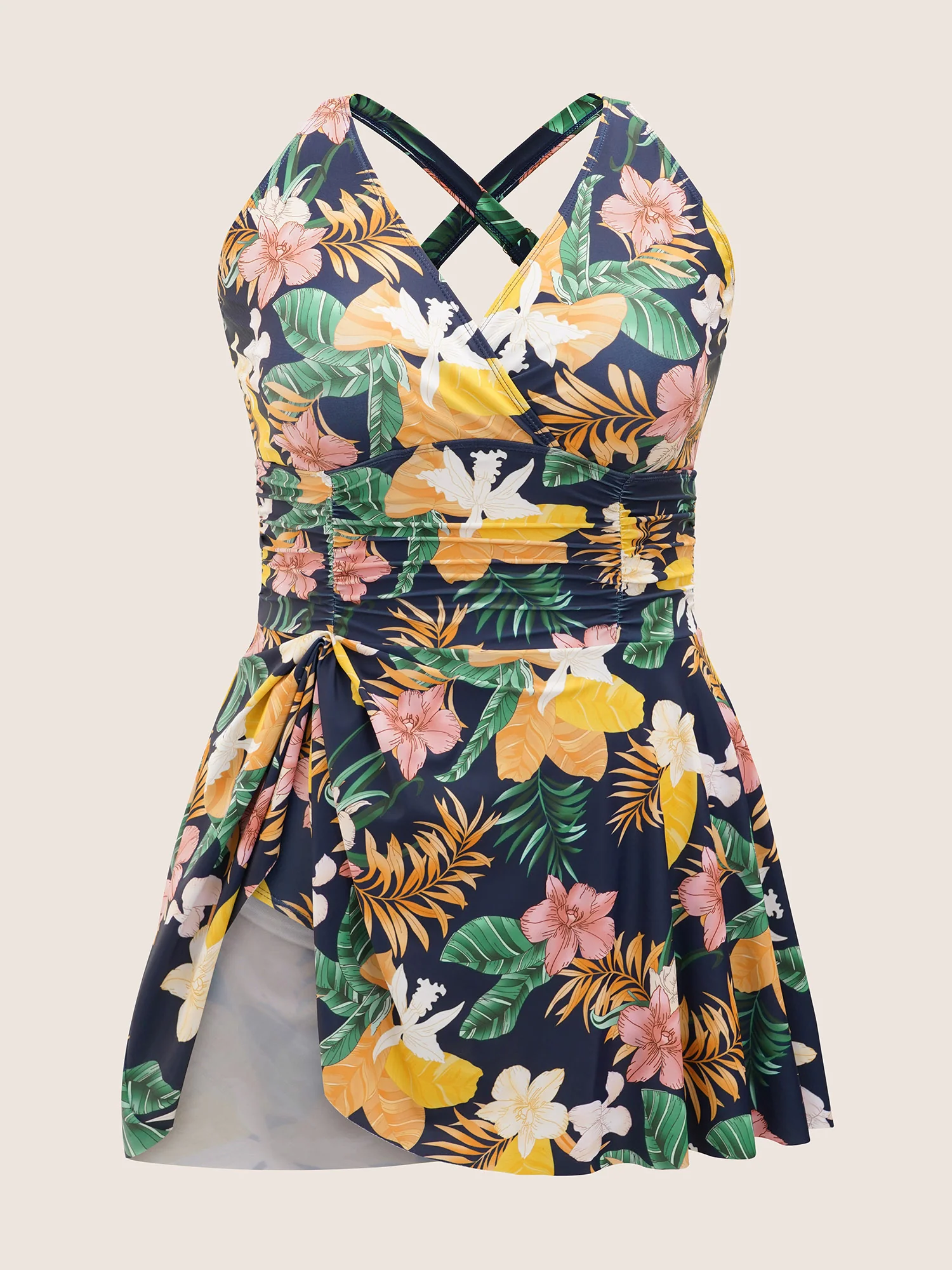 Tropical Adjustable Straps Ruched Swim Dress - Image 9