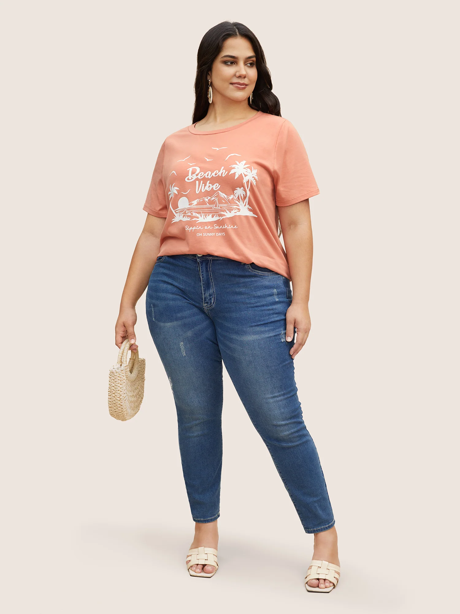 Tropical Coconut Tree Print Round Neck T-shirt - Image 3