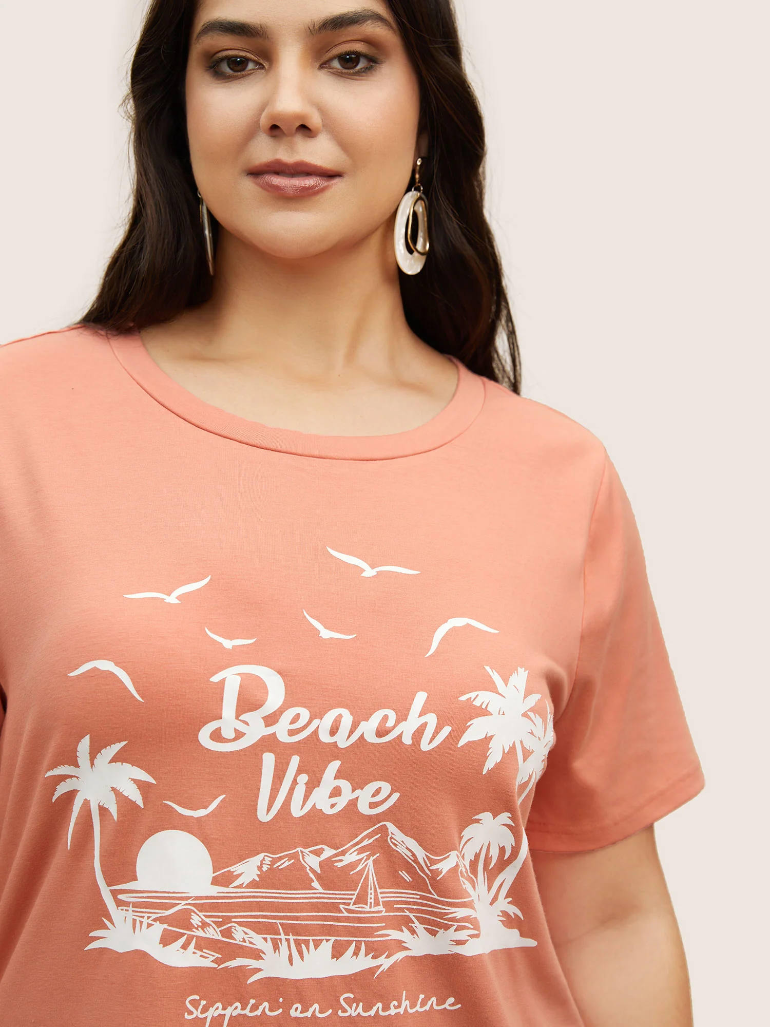 Tropical Coconut Tree Print Round Neck T-shirt - Image 4