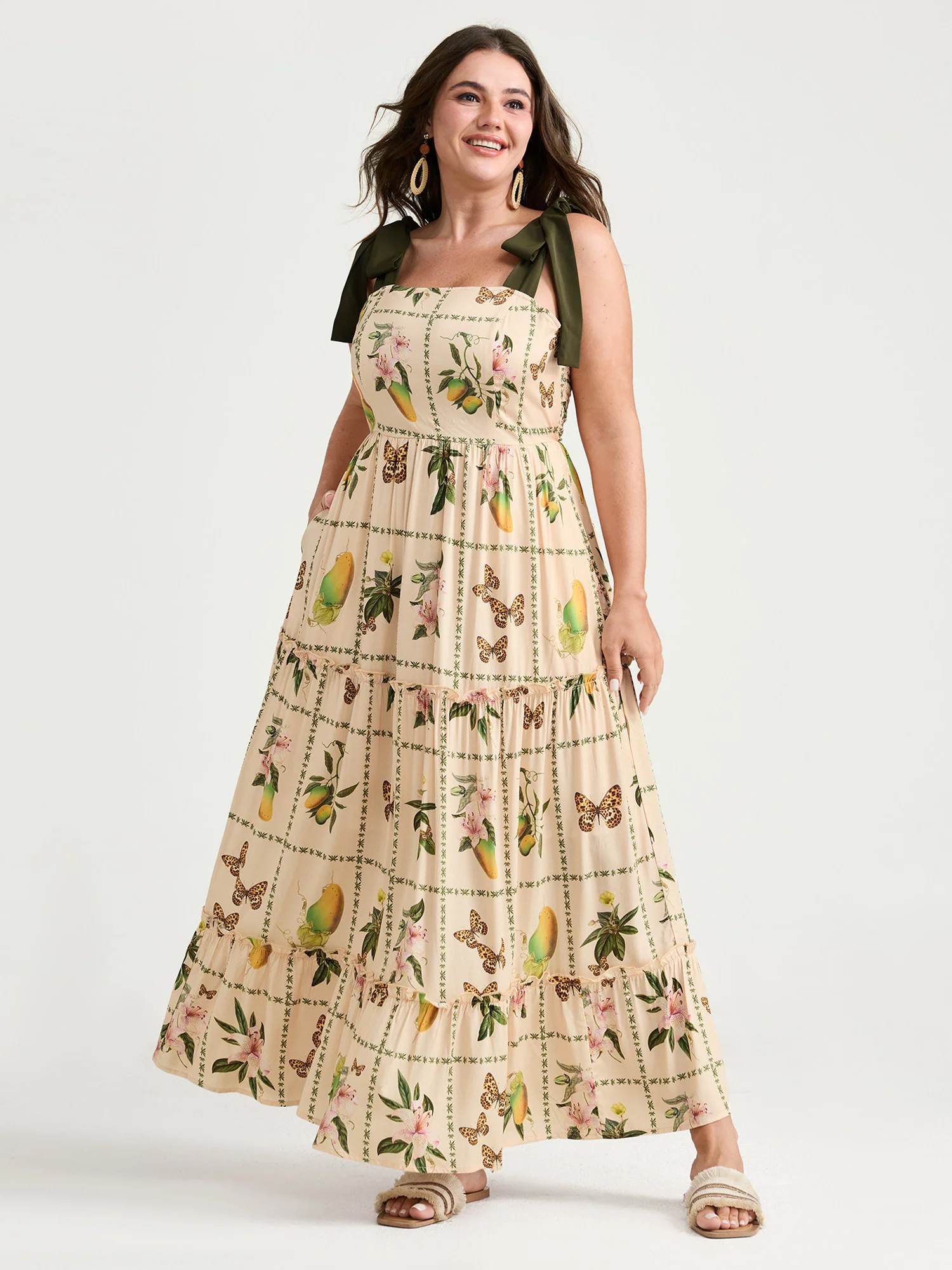 Tropical Collage Print Shoulder Tie Maxi Dress