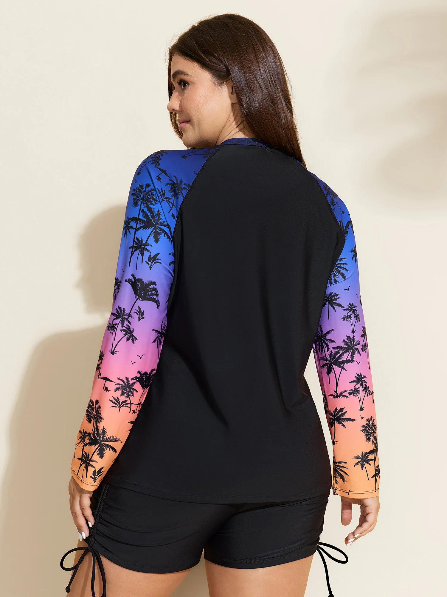 Tropical Color Contrast Print Zipper Front Swim Top - Image 4