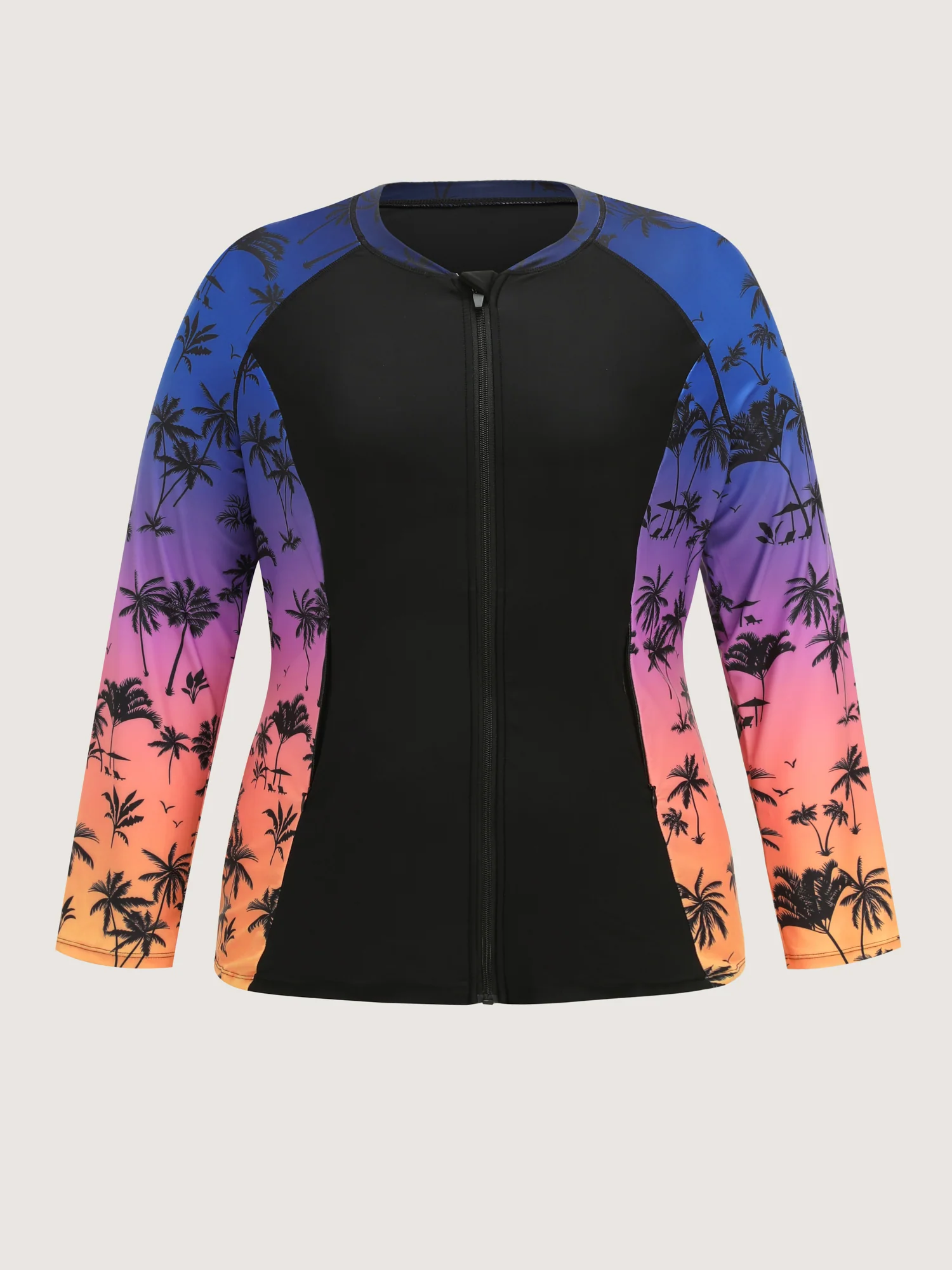 Tropical Color Contrast Print Zipper Front Swim Top - Image 7