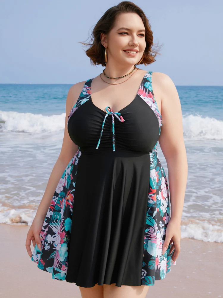 Tropical Contrast Drawstring Ruched Ruffles Swim Dress - Image 4