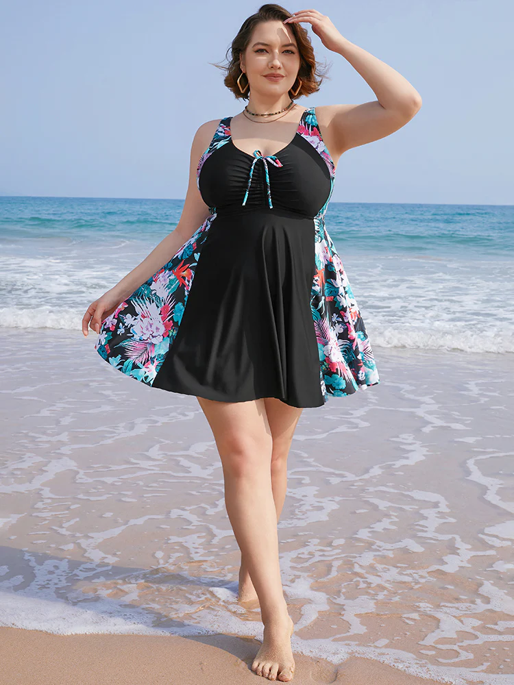 Tropical Contrast Drawstring Ruched Ruffles Swim Dress - Image 5