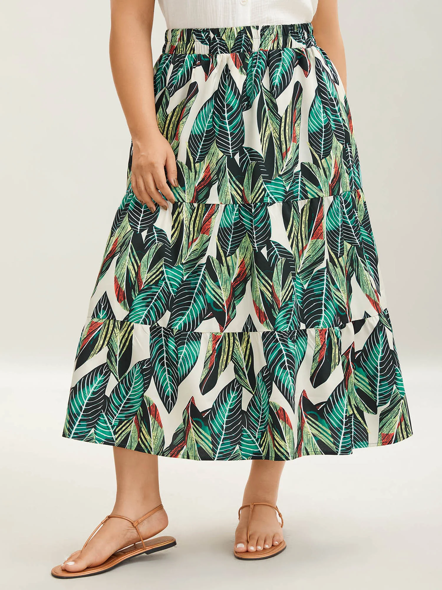 Tropical Floral Pattern Tiered Midi Skirt - Image 2