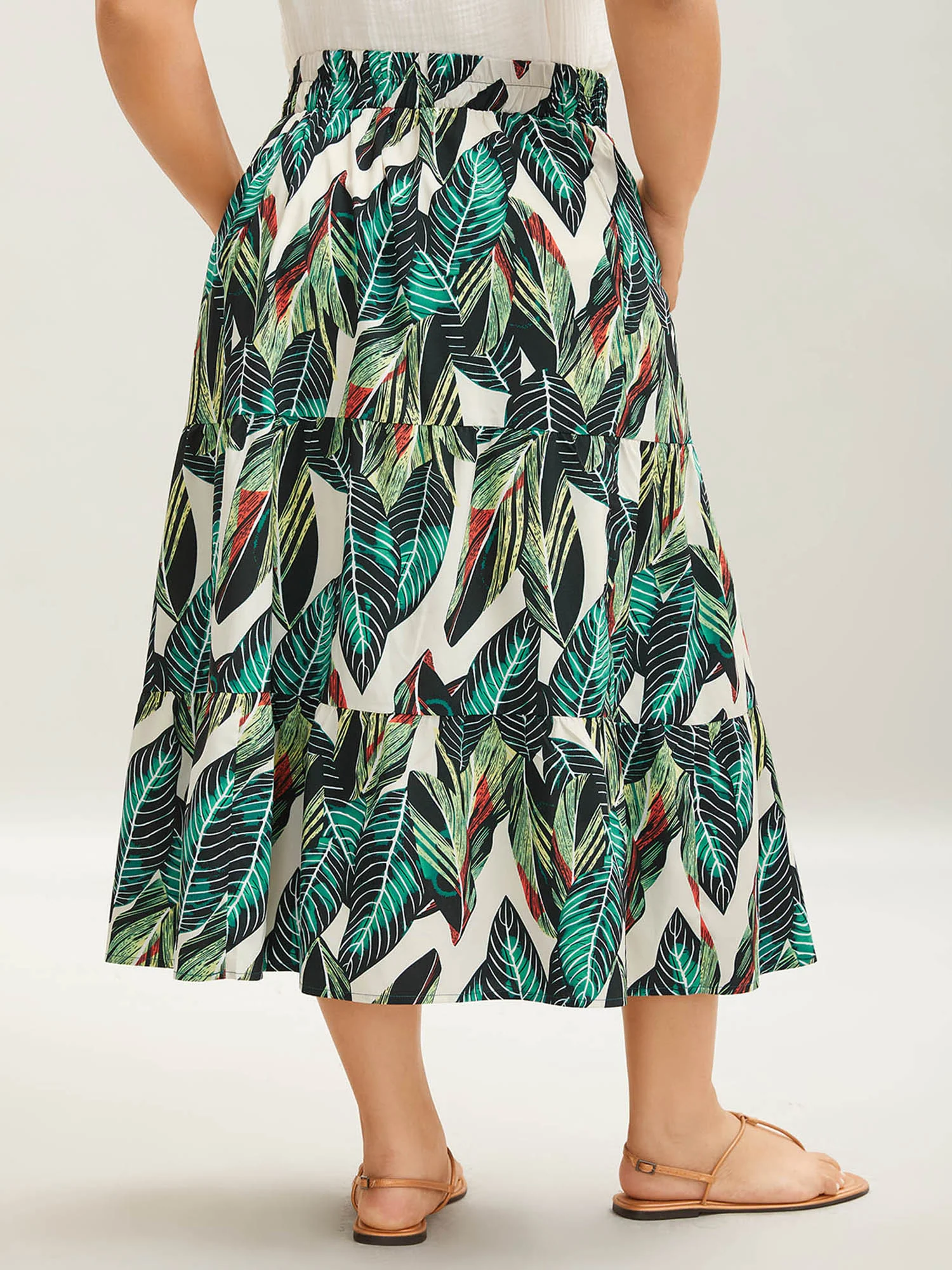 Tropical Floral Pattern Tiered Midi Skirt - Image 5