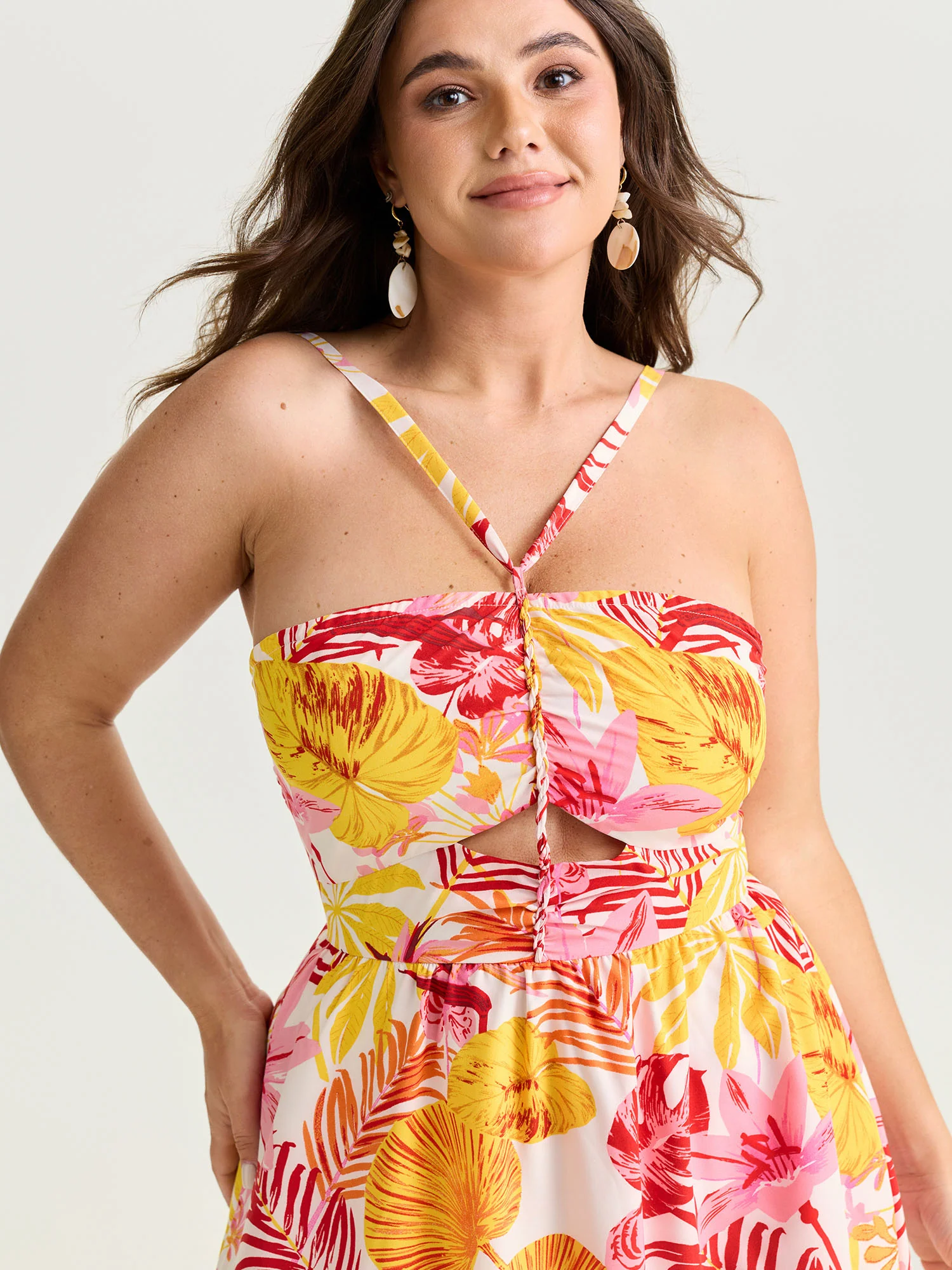 Tropical Floral Print Cut-Out Midi Dress - Image 2