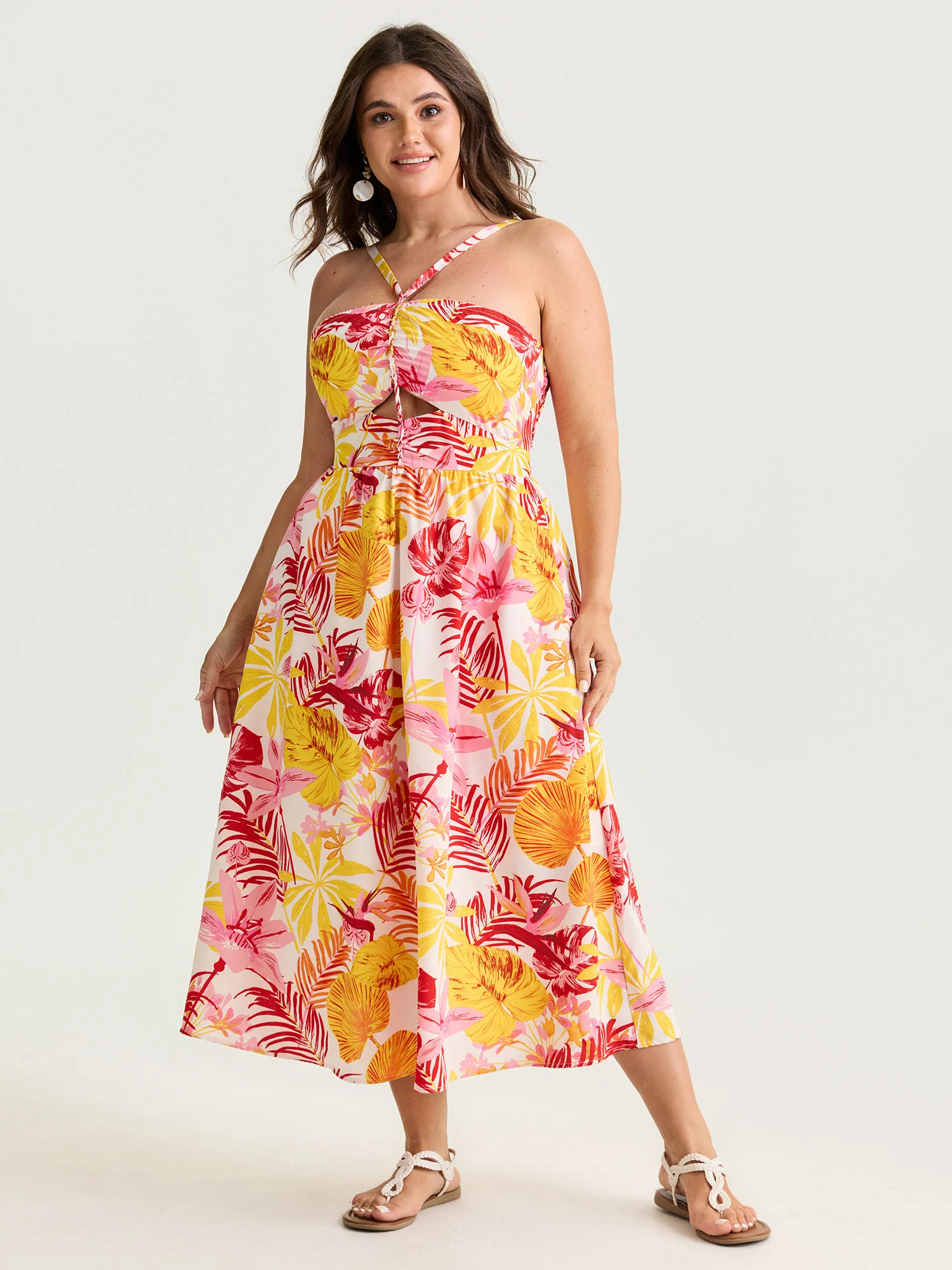 Tropical Floral Print Cut-Out Midi Dress - Image 3