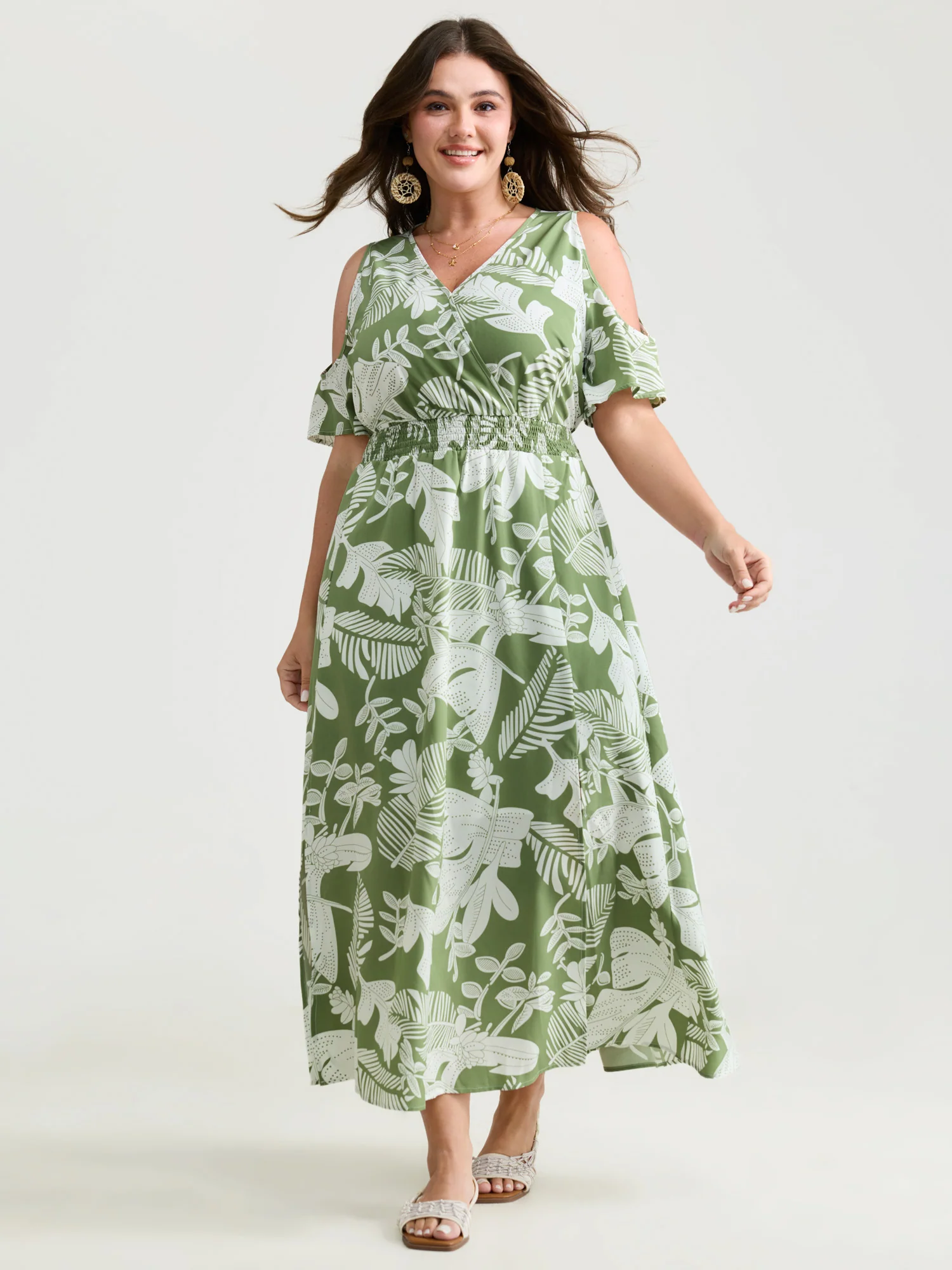 Tropical Floral Print Cut-Out Shoulder Maxi Dress - Image 3