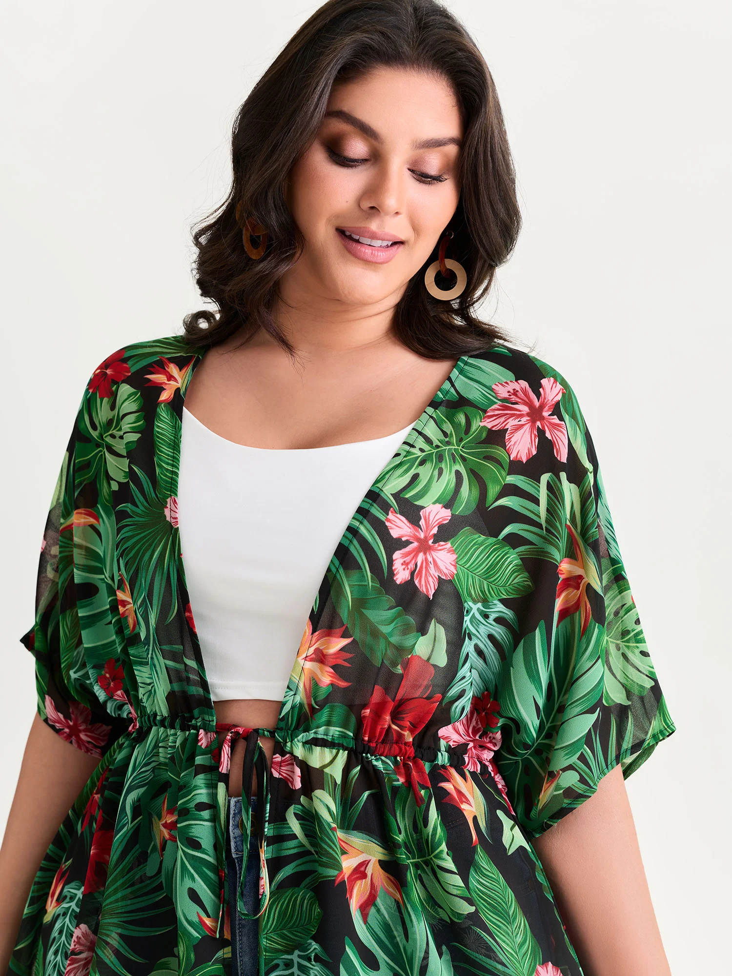 Tropical Floral Print Front-Tie Kimono - Image 2