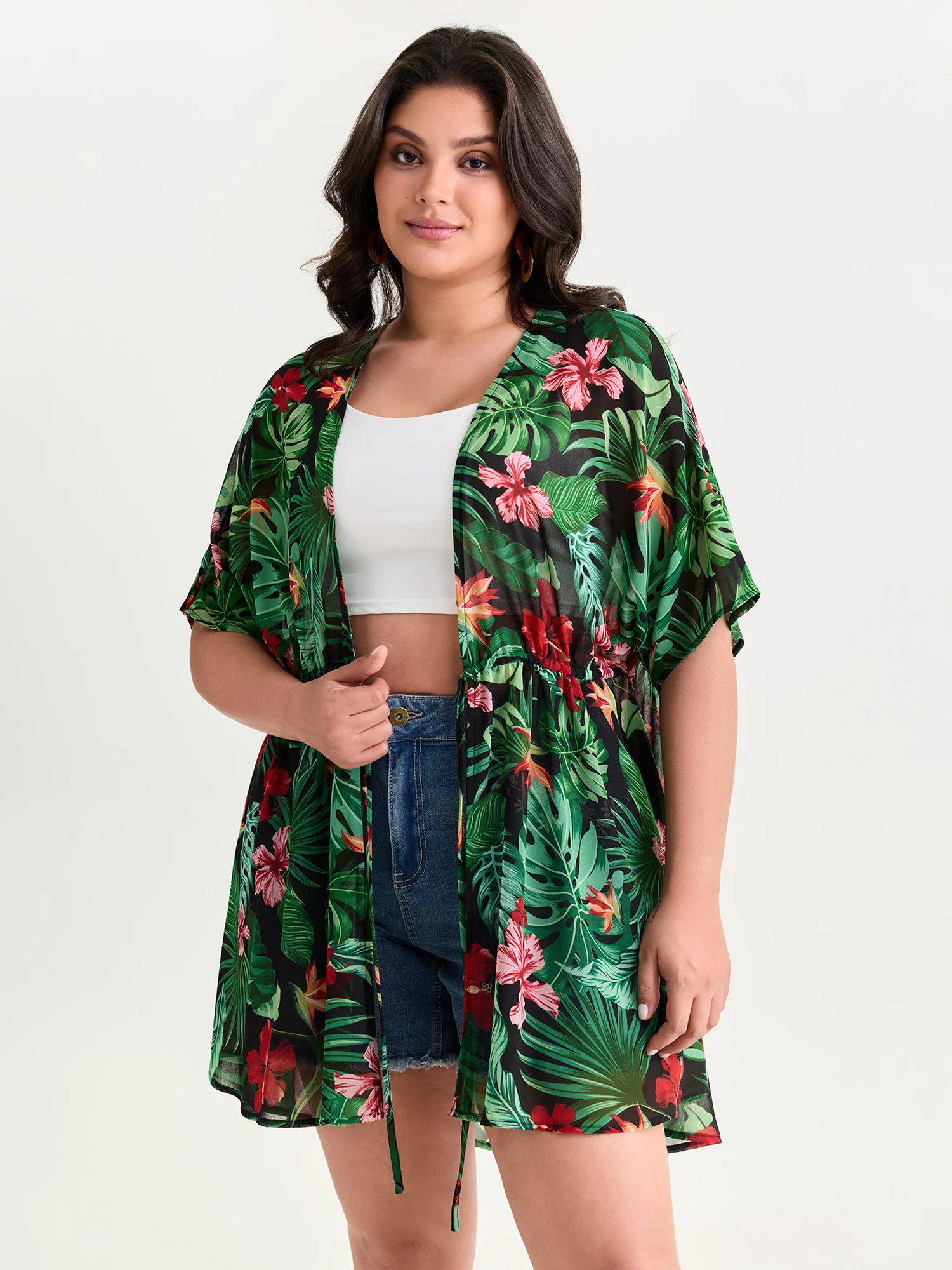 Tropical Floral Print Front-Tie Kimono - Image 3