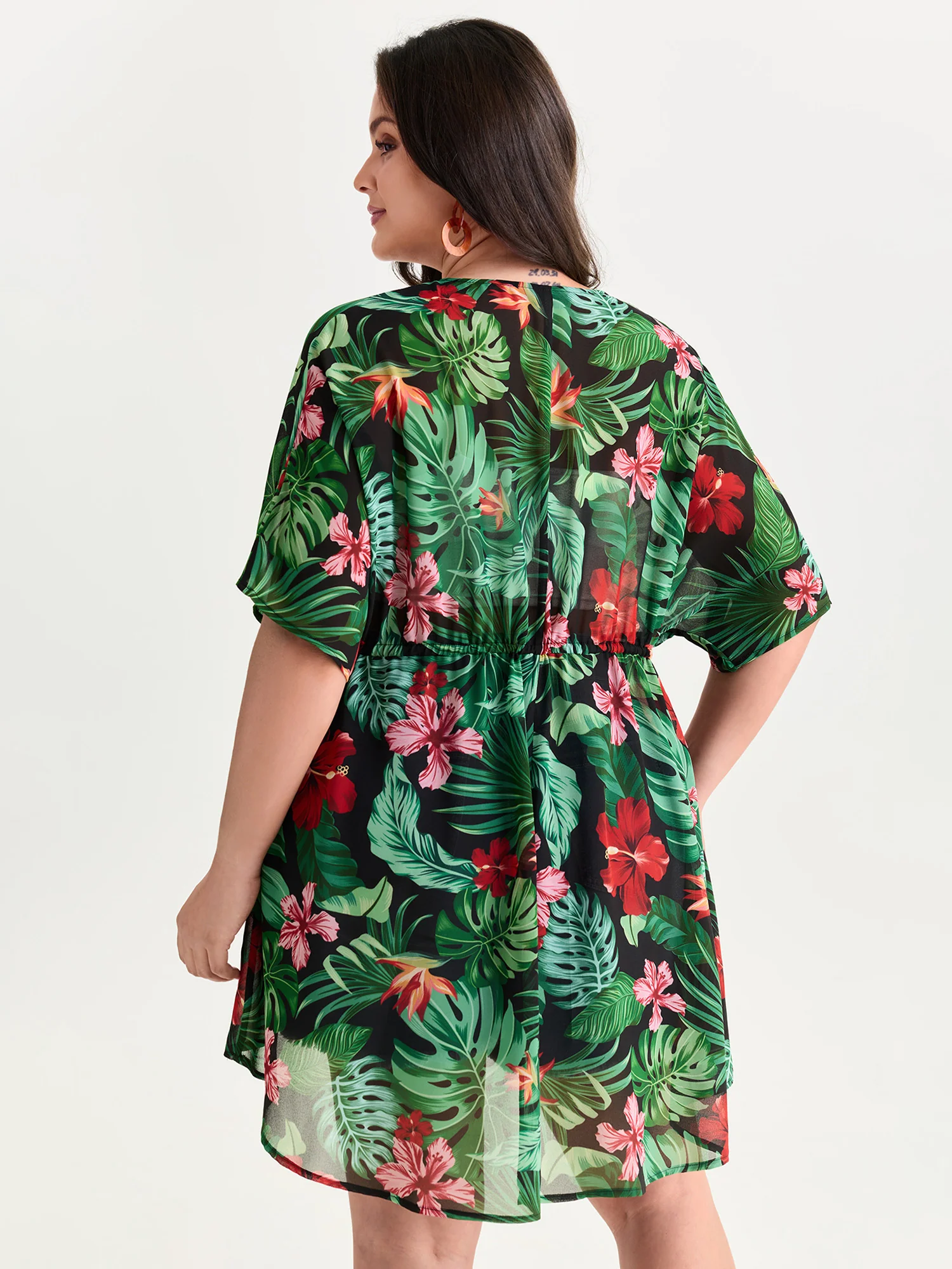 Tropical Floral Print Front-Tie Kimono - Image 4