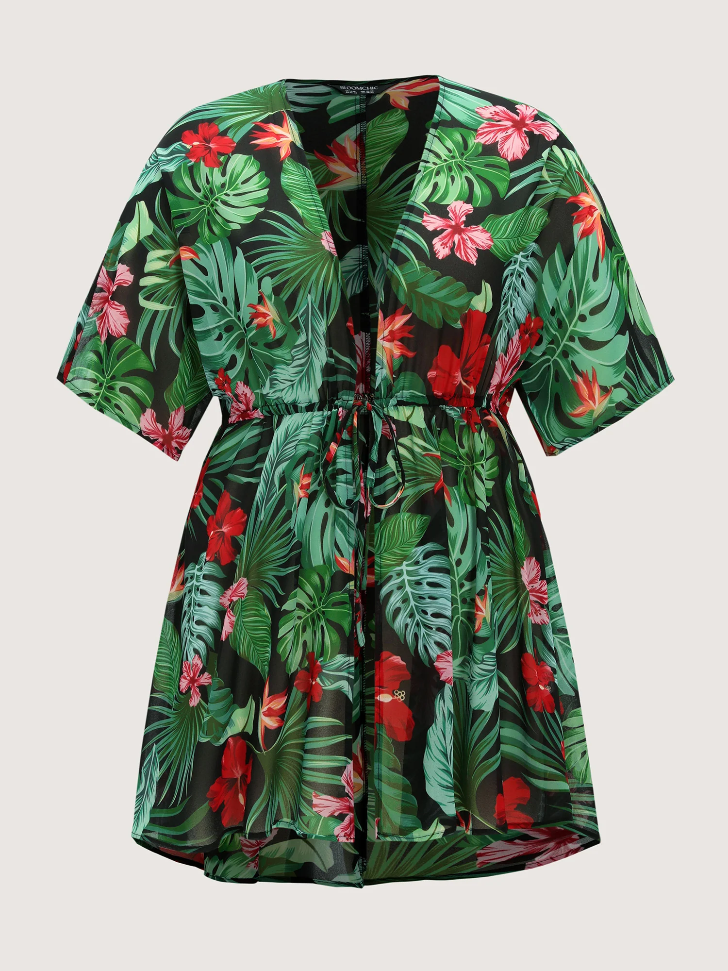 Tropical Floral Print Front-Tie Kimono - Image 5
