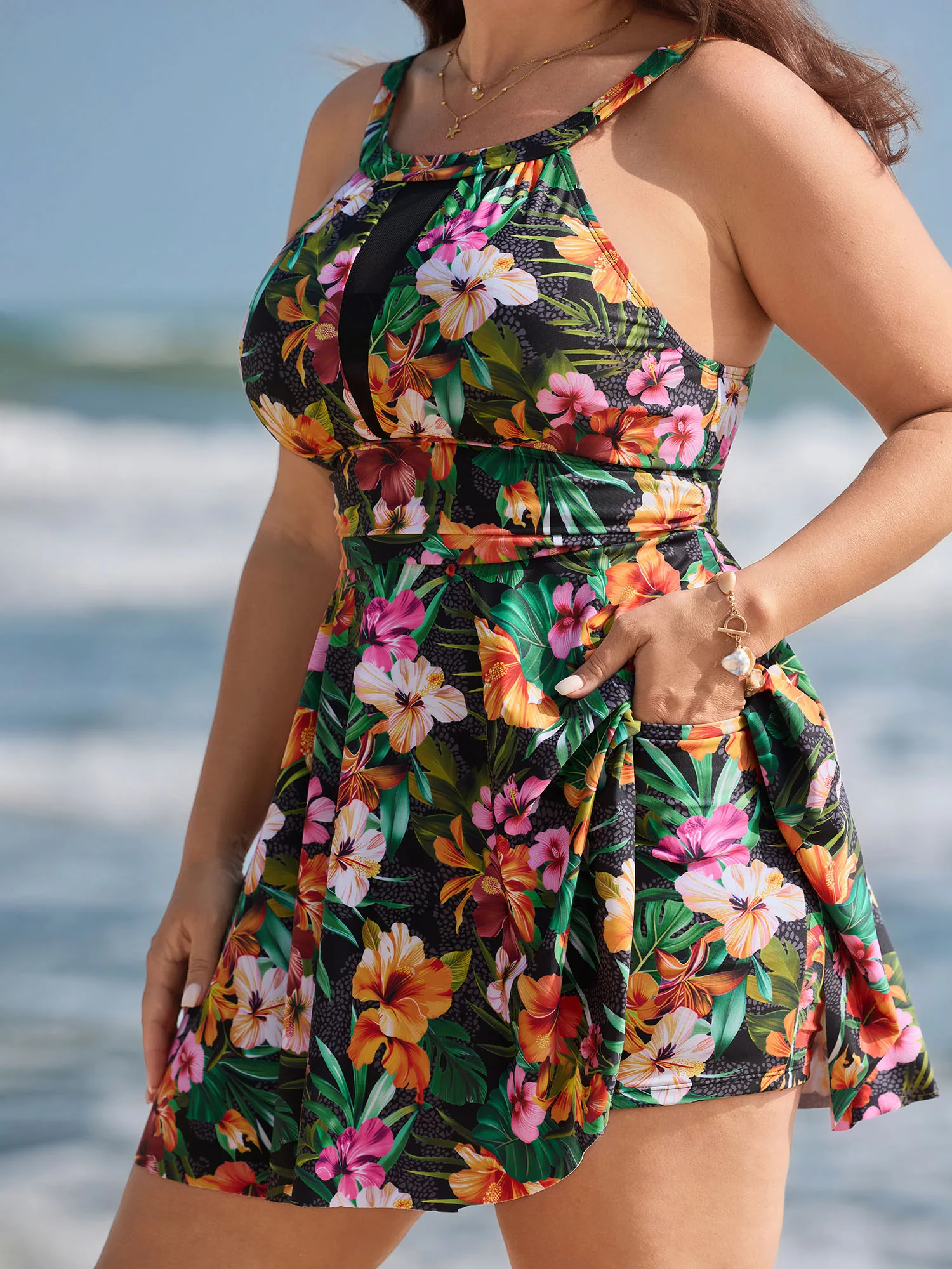 Tropical Floral Print Hip Coverage Swim Dress - Image 4