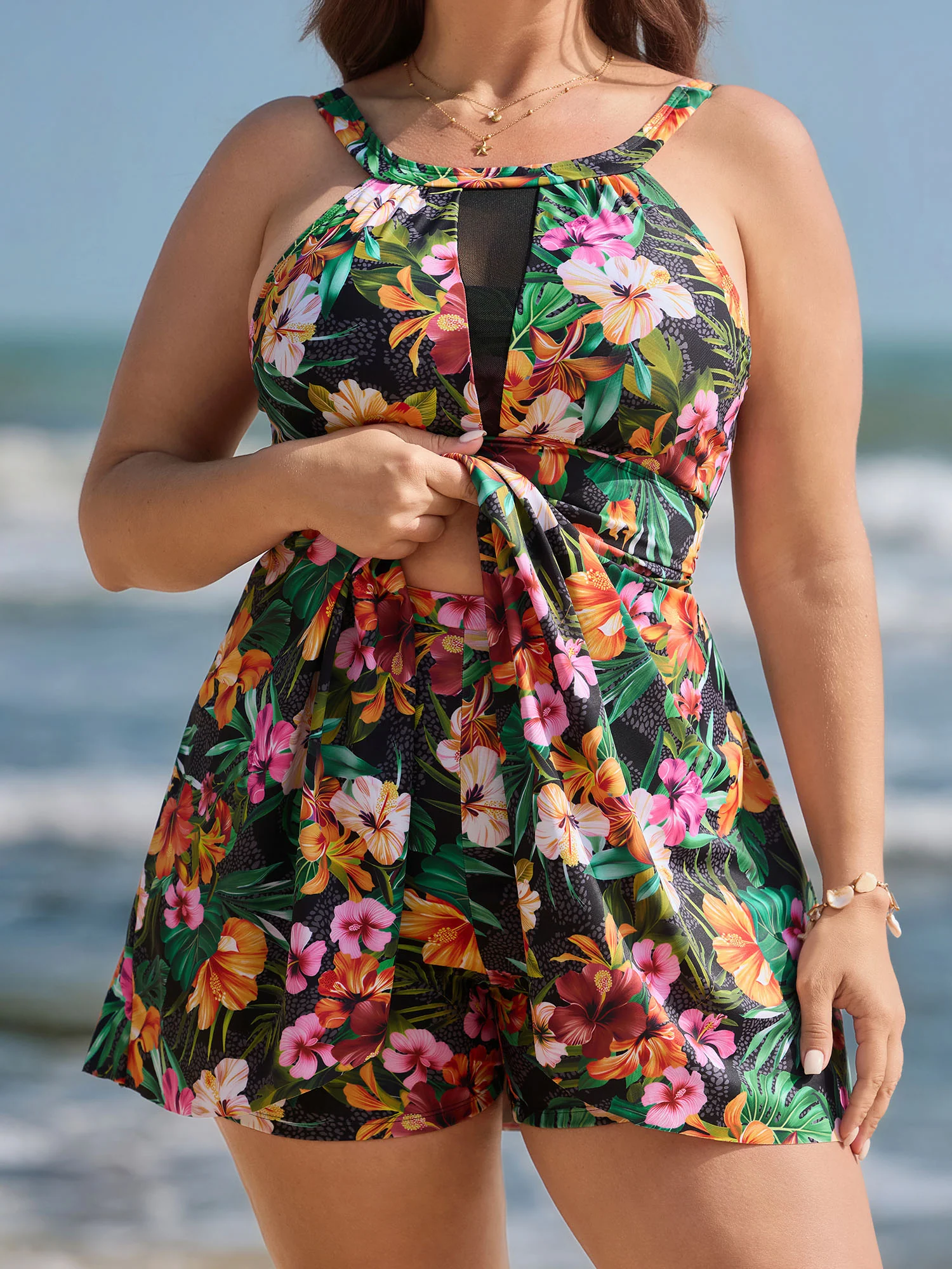 Tropical Floral Print Hip Coverage Swim Dress - Image 5