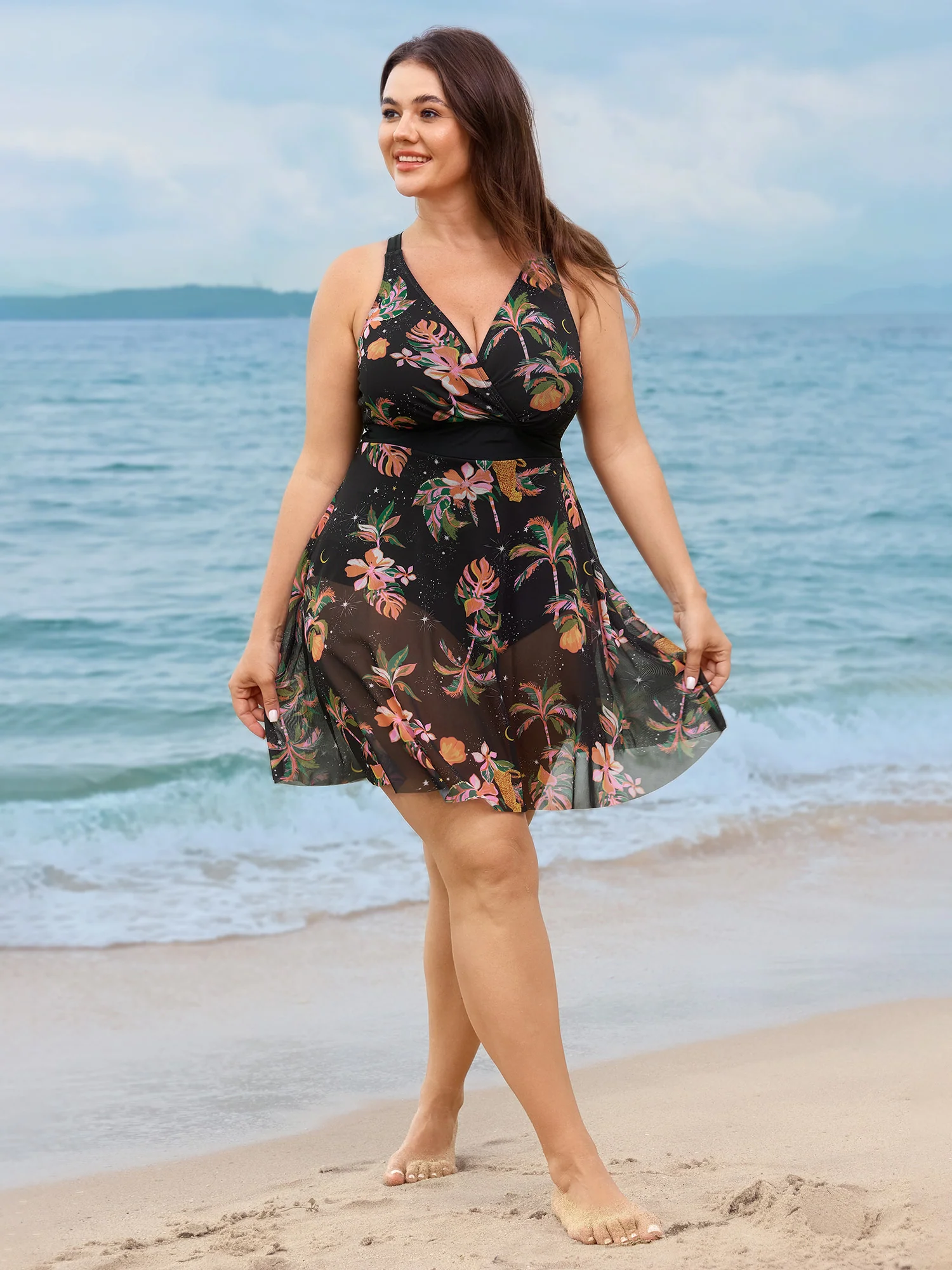 Tropical Floral Print Mesh Swim Dress - Image 3