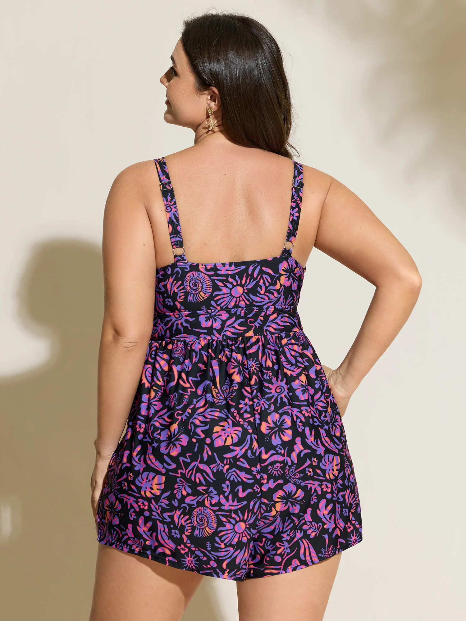 Tropical Floral Print Pockets Swim Romper - Image 6
