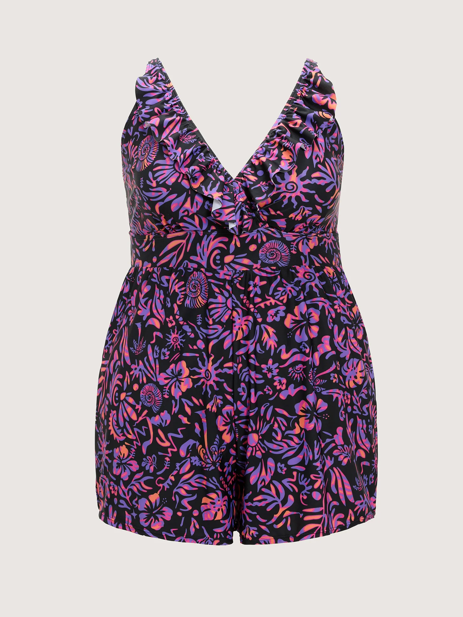 Tropical Floral Print Pockets Swim Romper - Image 7
