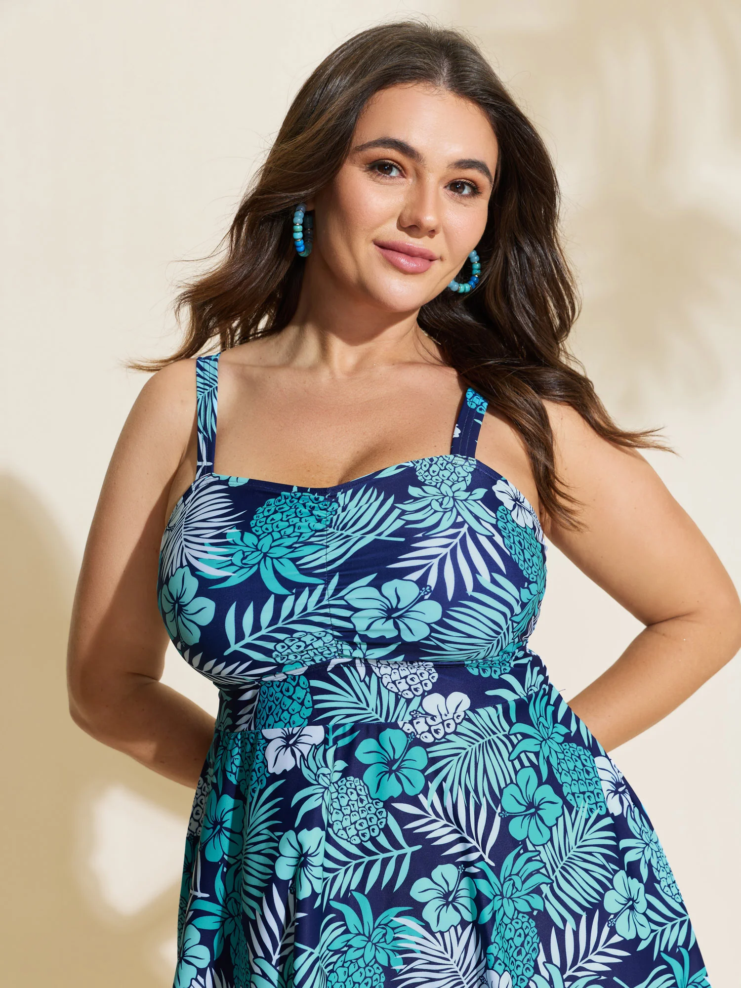 Tropical Floral Print Ruched Swim Dress - Image 2