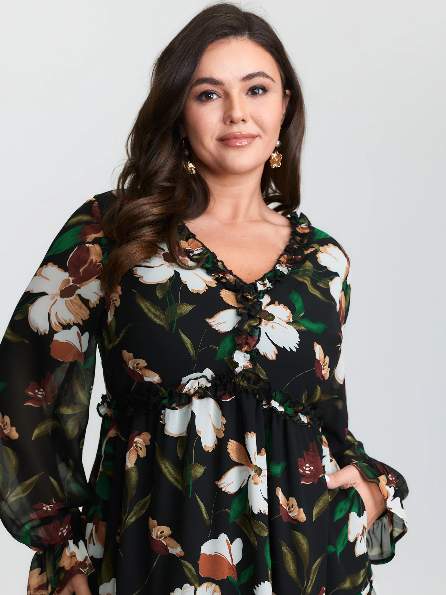 Tropical Floral Print Ruffled Neckline Midi Dress - Image 2