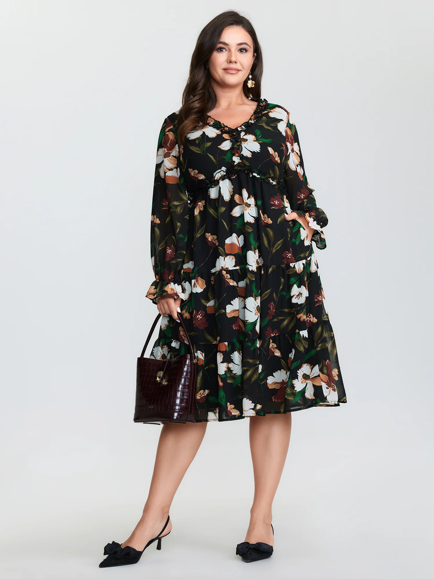 Tropical Floral Print Ruffled Neckline Midi Dress - Image 3