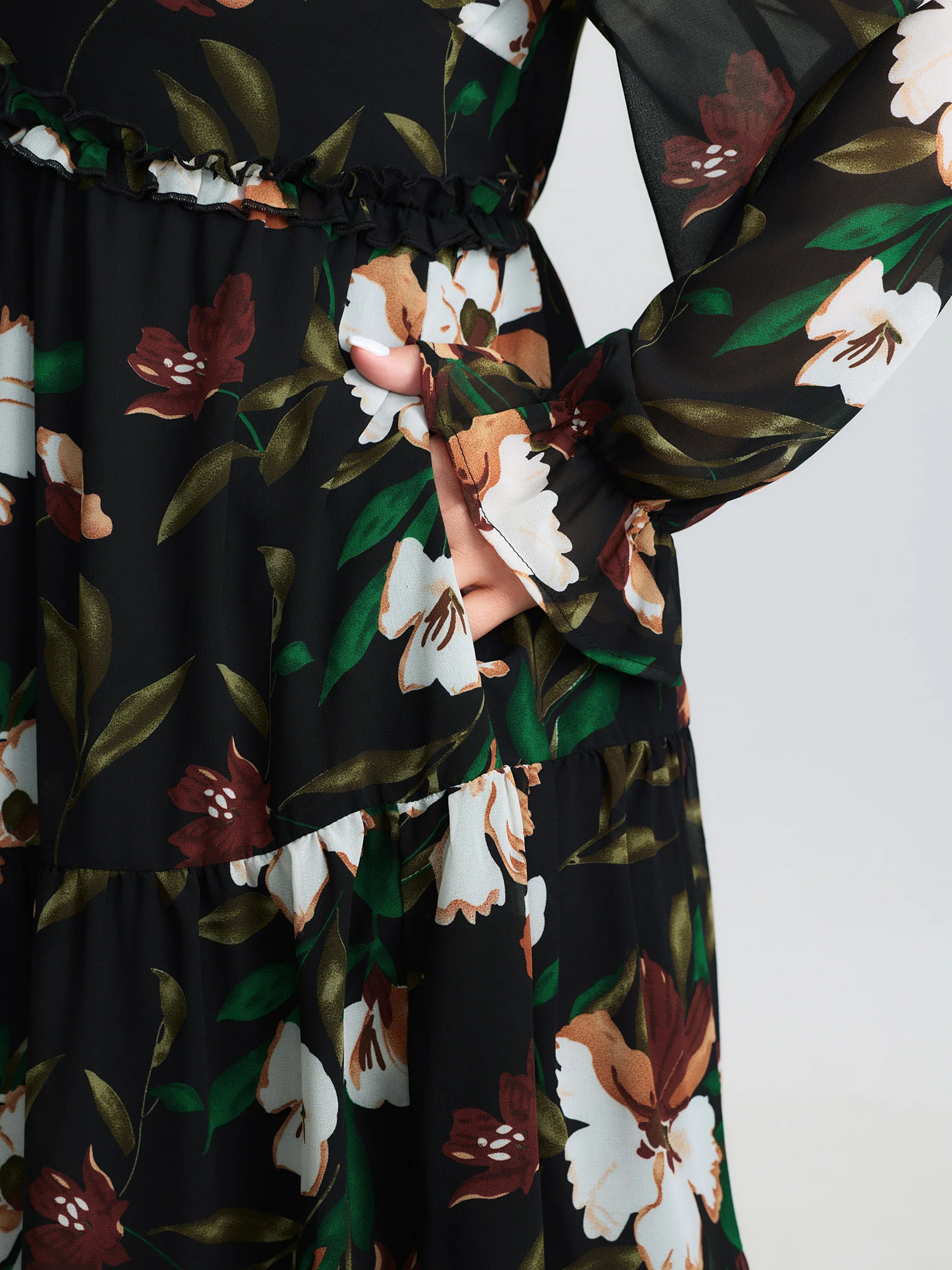 Tropical Floral Print Ruffled Neckline Midi Dress - Image 4